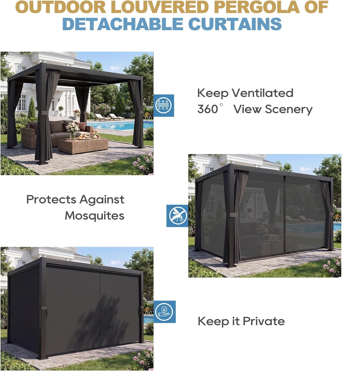 10' ×13' Aluminum Louvered Pergola, Outdoor Pergola with Curtains & Netting, Outdoor Hardtop Gazebo with Adjustable Roof, All-Weather Metal Pergola for Patio, Garden, Deck (Black with Curtain)