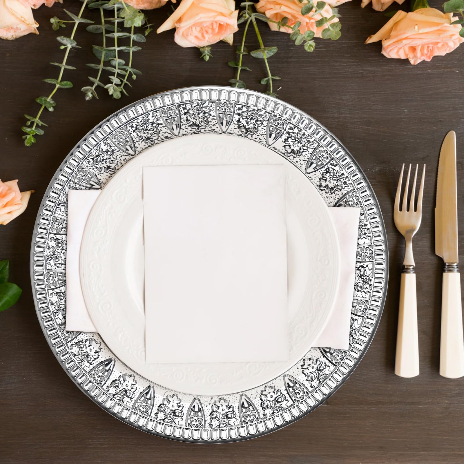 ZENFUN Paquete de 6 platos de carga de acero inoxidable de 13 pulgadas, placas redondas de metal con patrón de flores, platos de camping grandes para el hogar, banquetes, fiestas, restaurantes