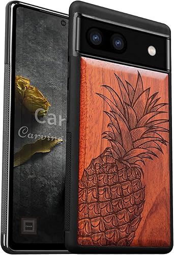 Carveit Funda de madera para Pixel 6a 2022 madera natural y TPU suave negro a prueba de golpes, funda de madera única y elegante compatible con