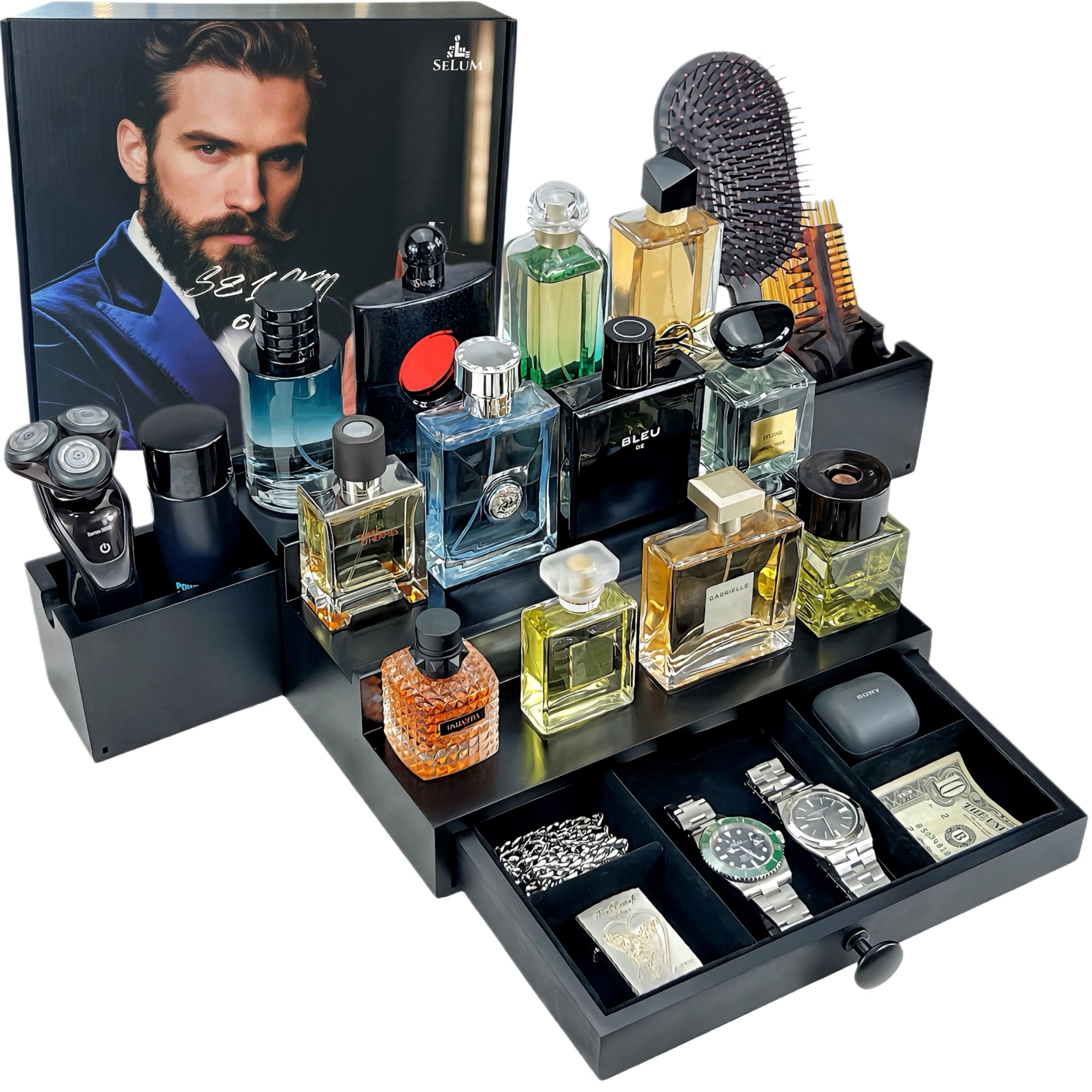 Organizer classico in legno da uomo, a 3 ripiani, con fodera in velluto di alta qualità e elegante confezione regalo, design ordinato, espositore per profumi, idea regalo SELUM