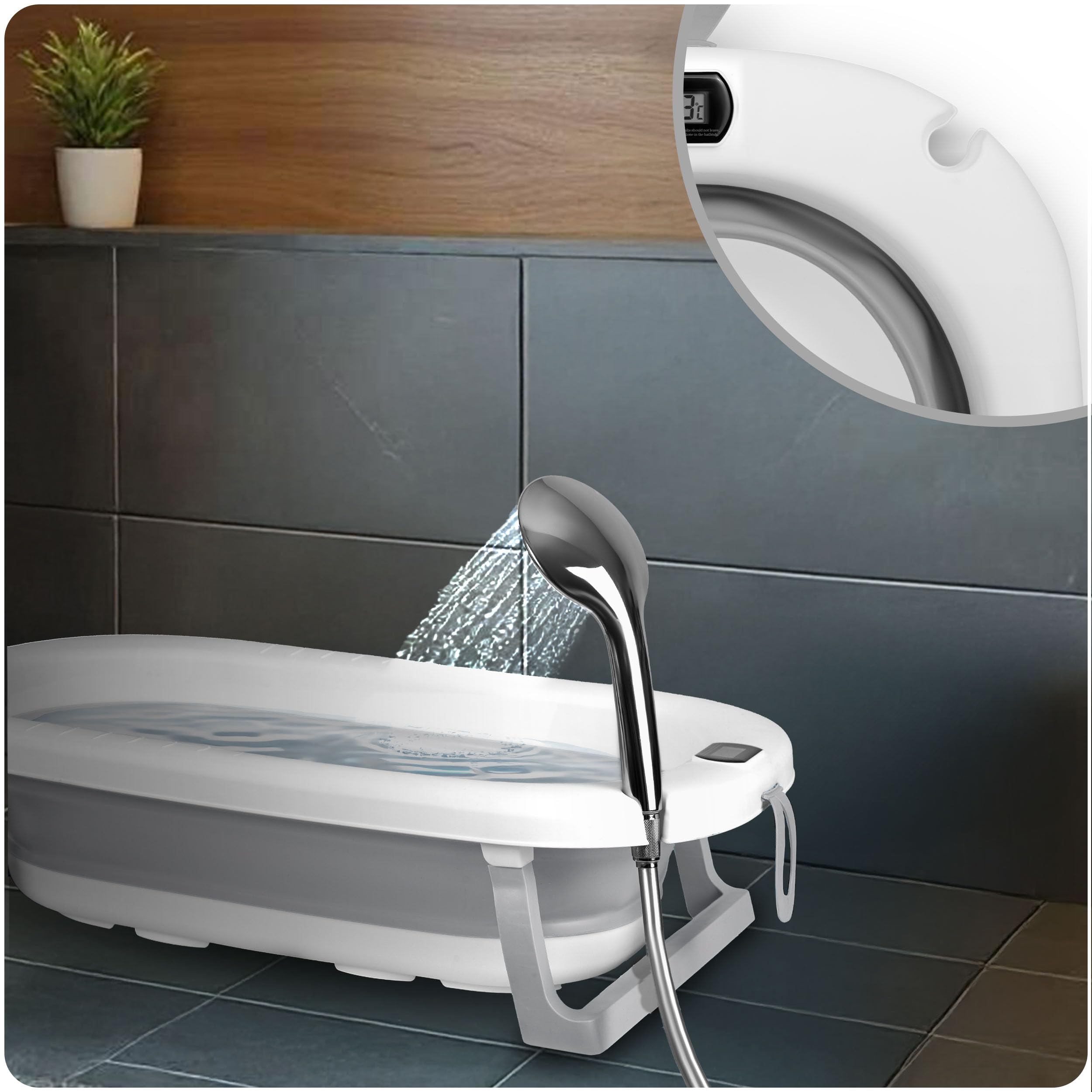 Ricokids Vasca da bagno per bambini con struttura termometro e cuscino da bagno, pieghevole, leggera, antiscivolo, colore: bianco e grigio