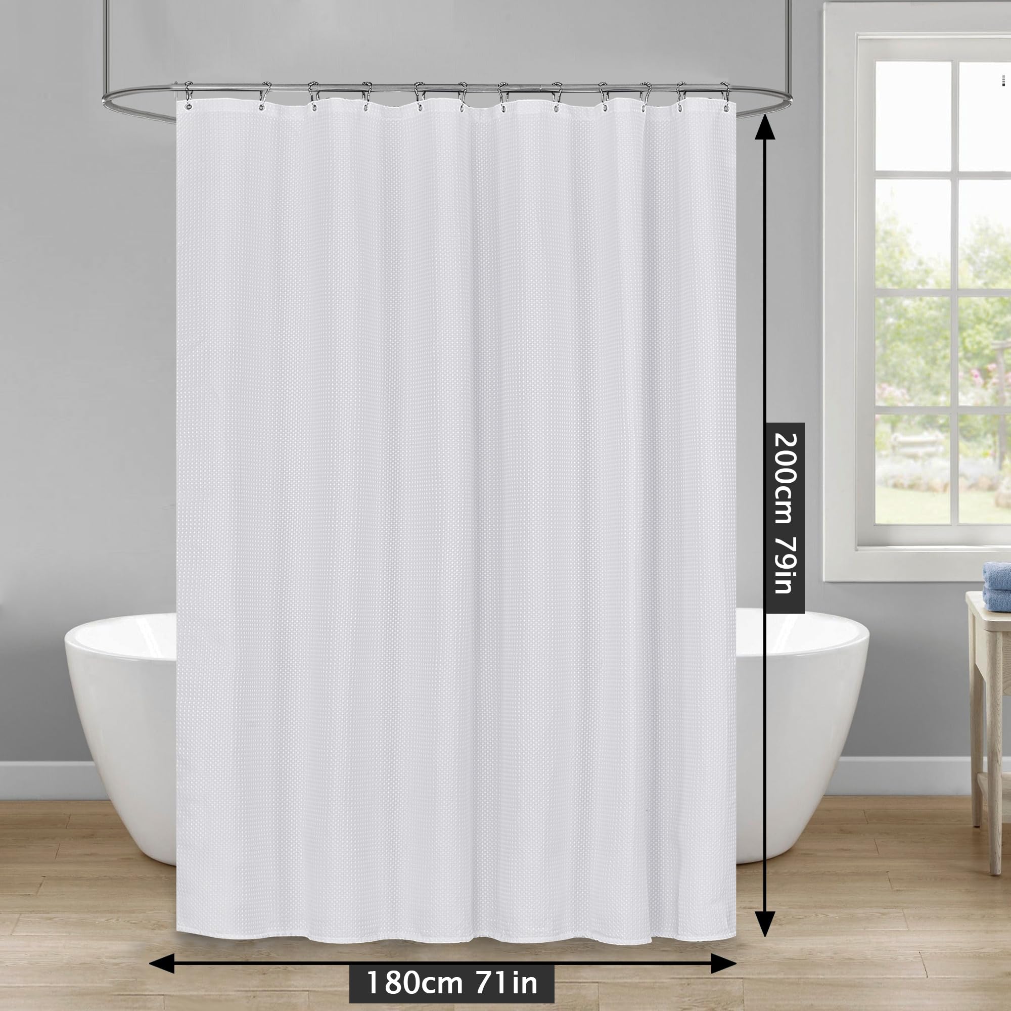 Tenda Doccia in Poliestere Waffle Tenda da Bagno in Tessuto Lavabile in Lavatrice con 12 Metallo Anelli Impermeabile 180X200CM Bianco