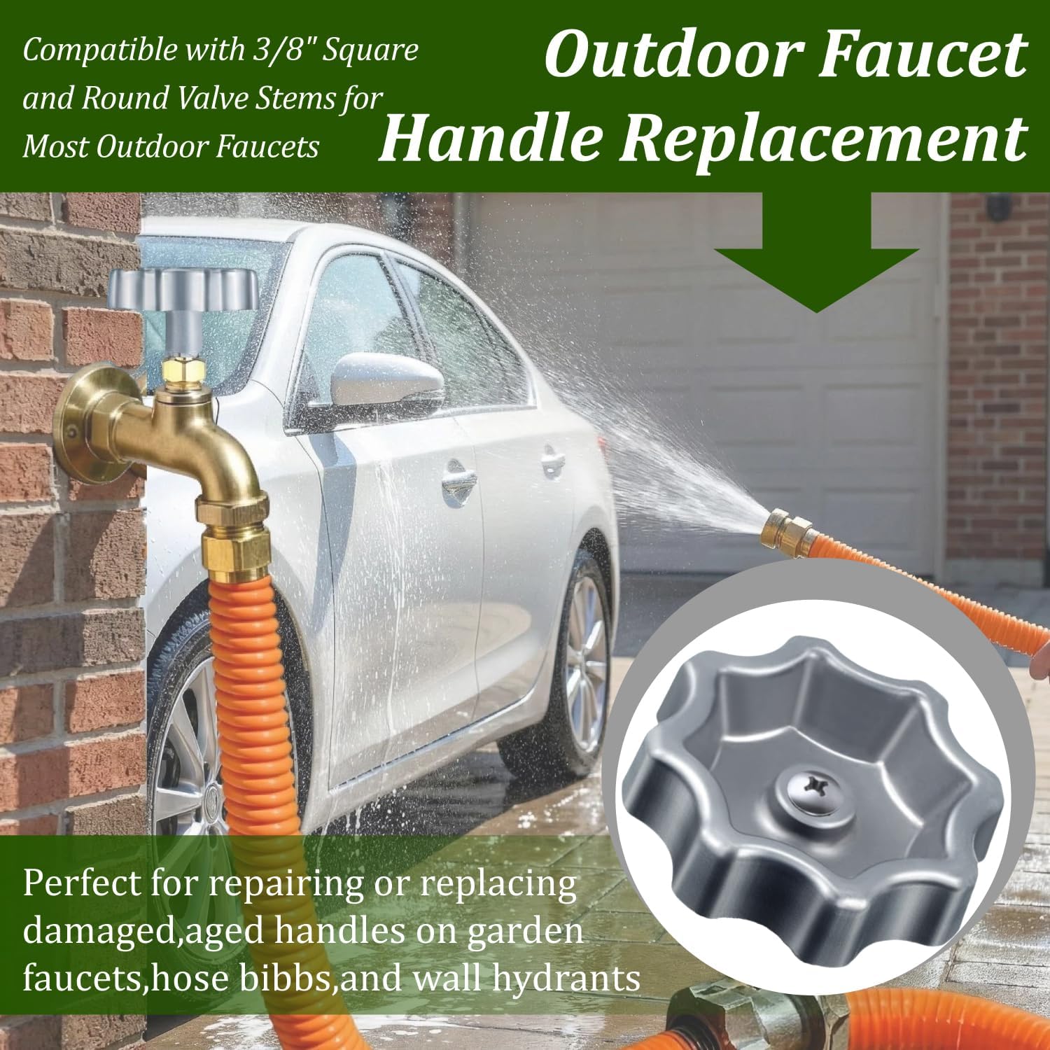 Outdoor Faucet Handle Replacement,Spigot Handle,Rust-Resistant Round Wheel Water Spigot Handle,Compatible with 3/8" Round Valve Stems for Garden Hose Bibs,with Adapter and Screws
