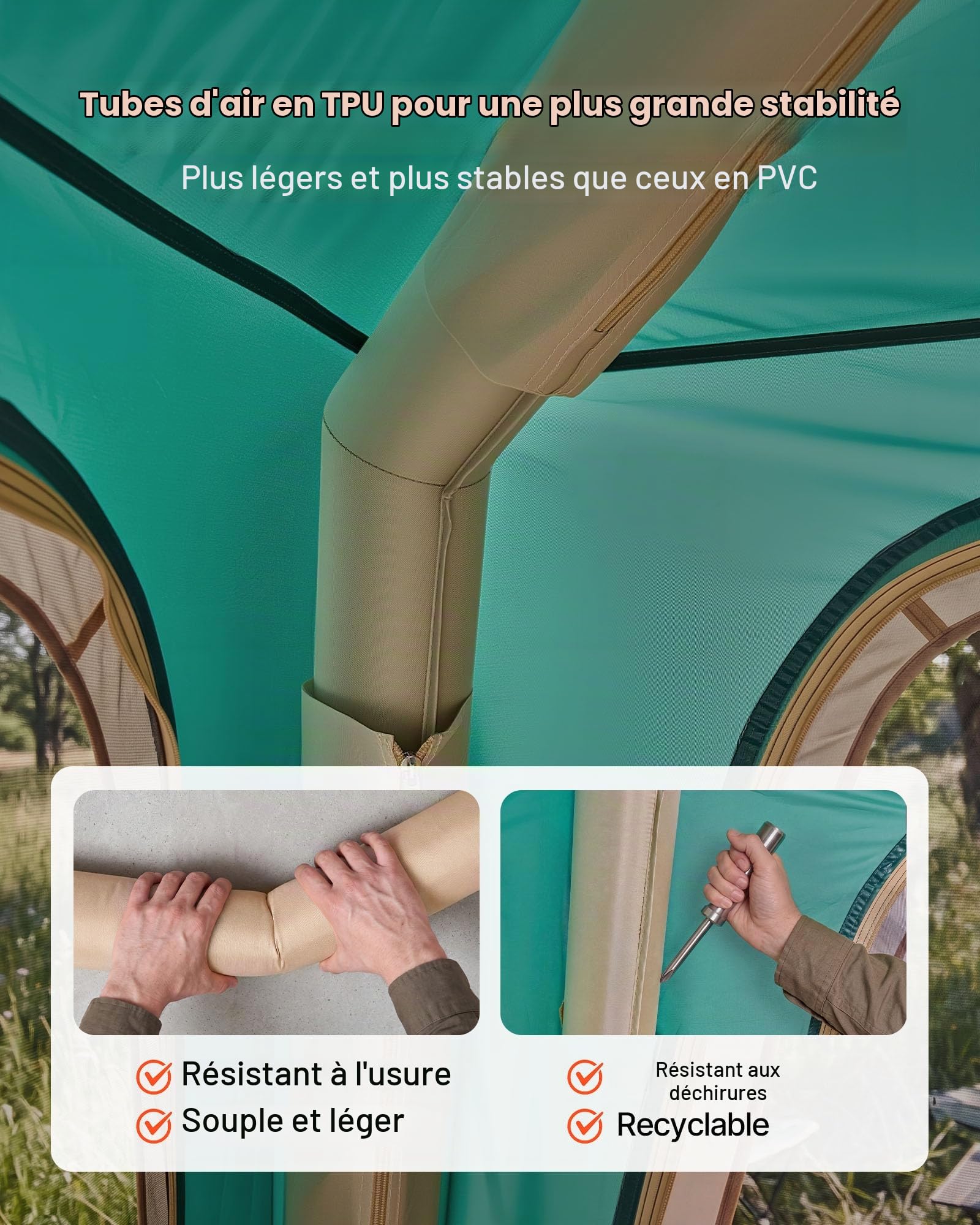 VEVOR Tente Gonflable 4 Personnes Pompe Rechargeable Tente de Camping Vert, pour Randonnée et Pique-niques en Famille, avec Tubes d'air en TPU, 5 Grandes Fenêtres en Maille, Sac de Transport Portable