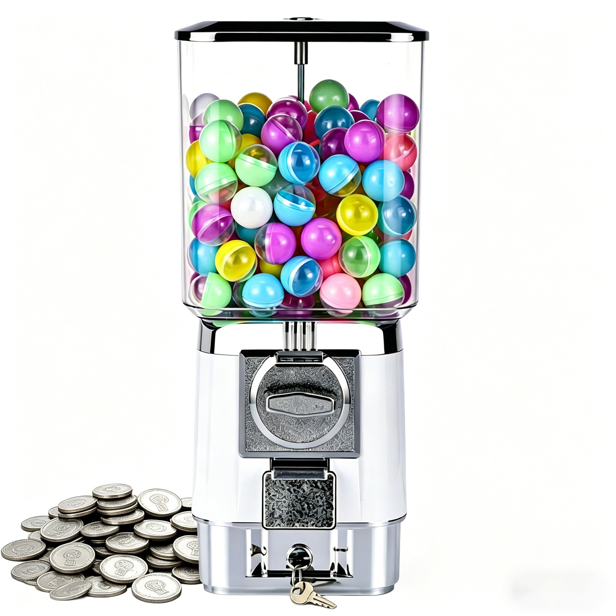 Sushangmao Candy Vending Machines, Gumball Machine For Kids, Customizable For One Size 25-35mm / 1-1.38", Pure Mechanical Coin-Op – Includes 100 Balls & 50 Tokens For Home Or Game Stores white