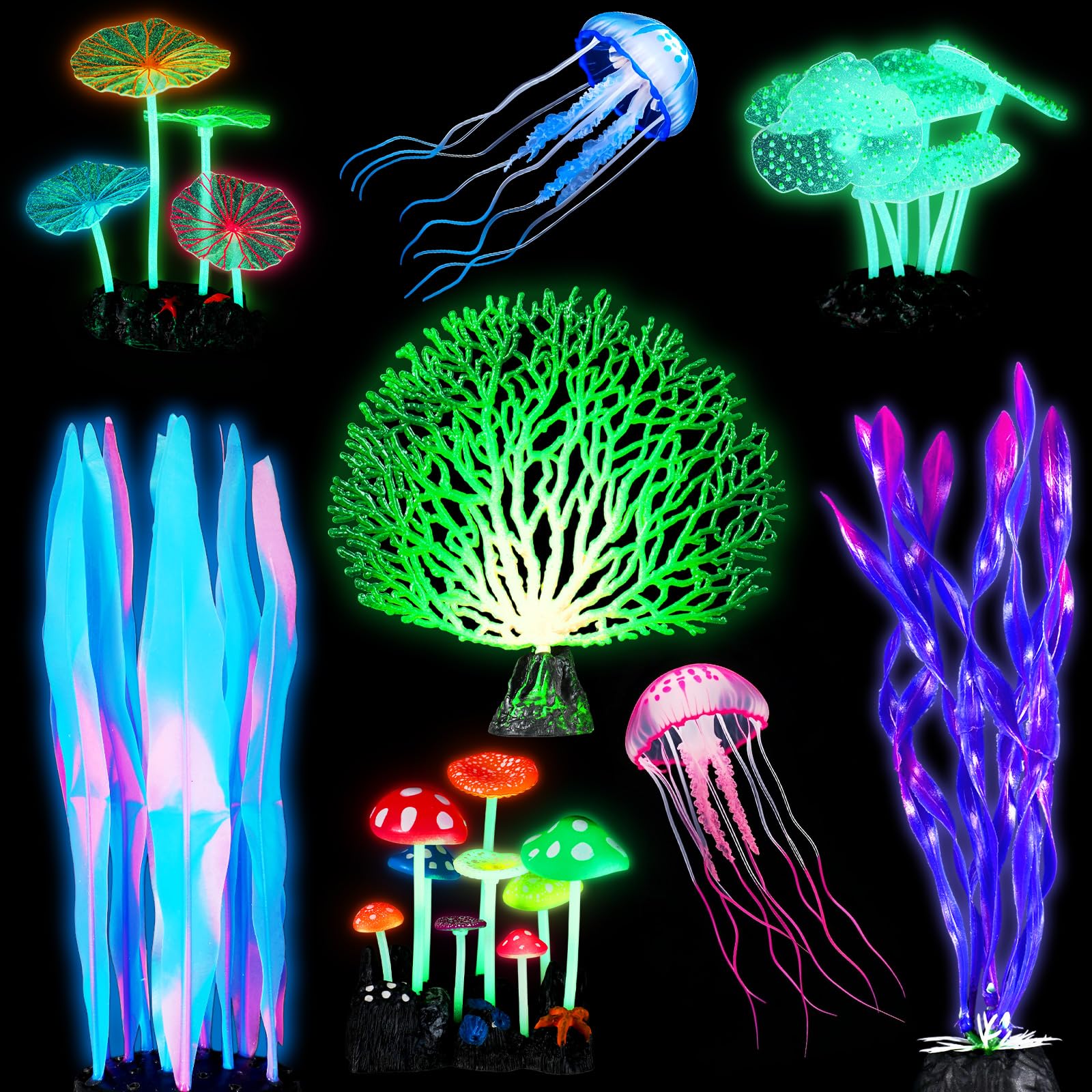 Frienda Lot de 8 plantes lumineuses pour aquarium avec 2 styles de varech, anémone de mer, corail artificiel, méduse, feuille de lotus, champignon pour aquarium (bleu, rose)