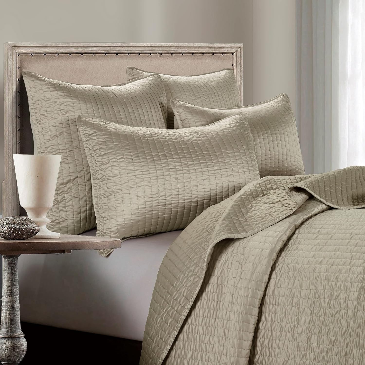 Indigo Hill by HiEnd Accents Satin Channel 3 Piece Quilt Set with Pillow Shams, King Size, Taupe Solid Color, Classic Modern Style Luxury Bedding, Lightweight Silky Bed Set, 1 Quilt and 2 Pillowcases