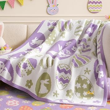 Amelie Home Animal Chenille Throw Blanket for Couch, Bunny and Eggs Knit Throws, Cozy Soft Summer Party Themed Blankets for Sofa, Bed, Gift & Decor, 50x60, Purple/Green