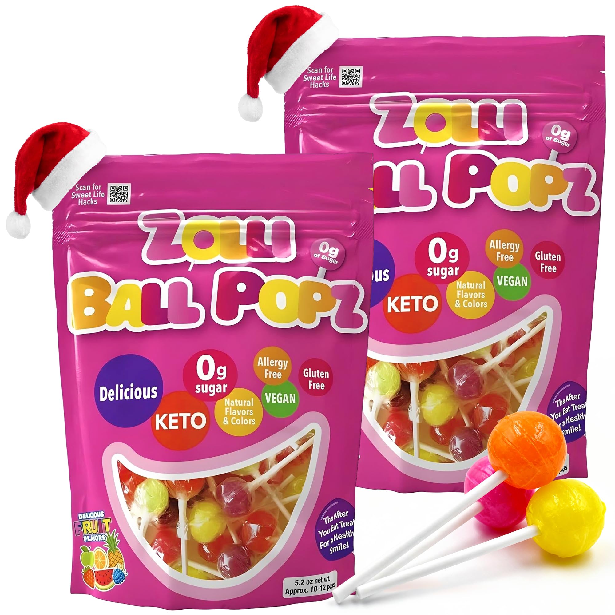 Zolli Ball Popz Clean Teeth Sugar Free Candy - Dye-Free, Keto & Diabetic-Friendly, Dentist-Approved Treats for Kids (Natural Fruit Flavors, 5.2 oz, Pack of 2)