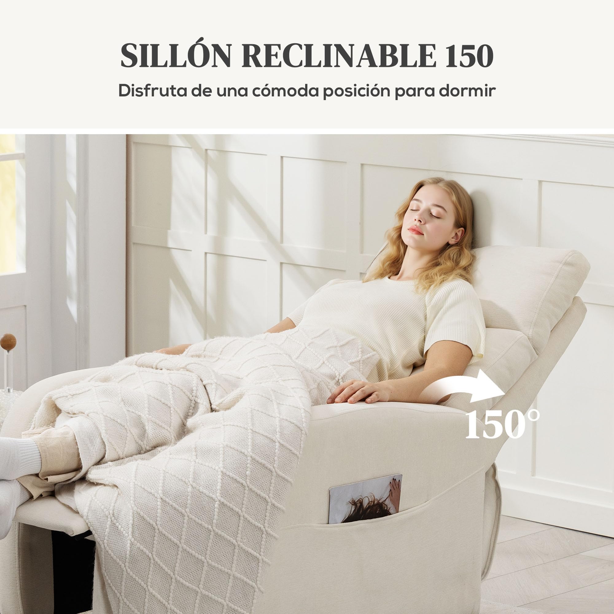 HOMCOM Sillón Relax Reclinable Manual Sillón Relax Tapizado en Lino Sintético con Reposapiés y Bolsillo Lateral Carga 135 kg Sillón Reclinable para Dormitorio Oficina Crema