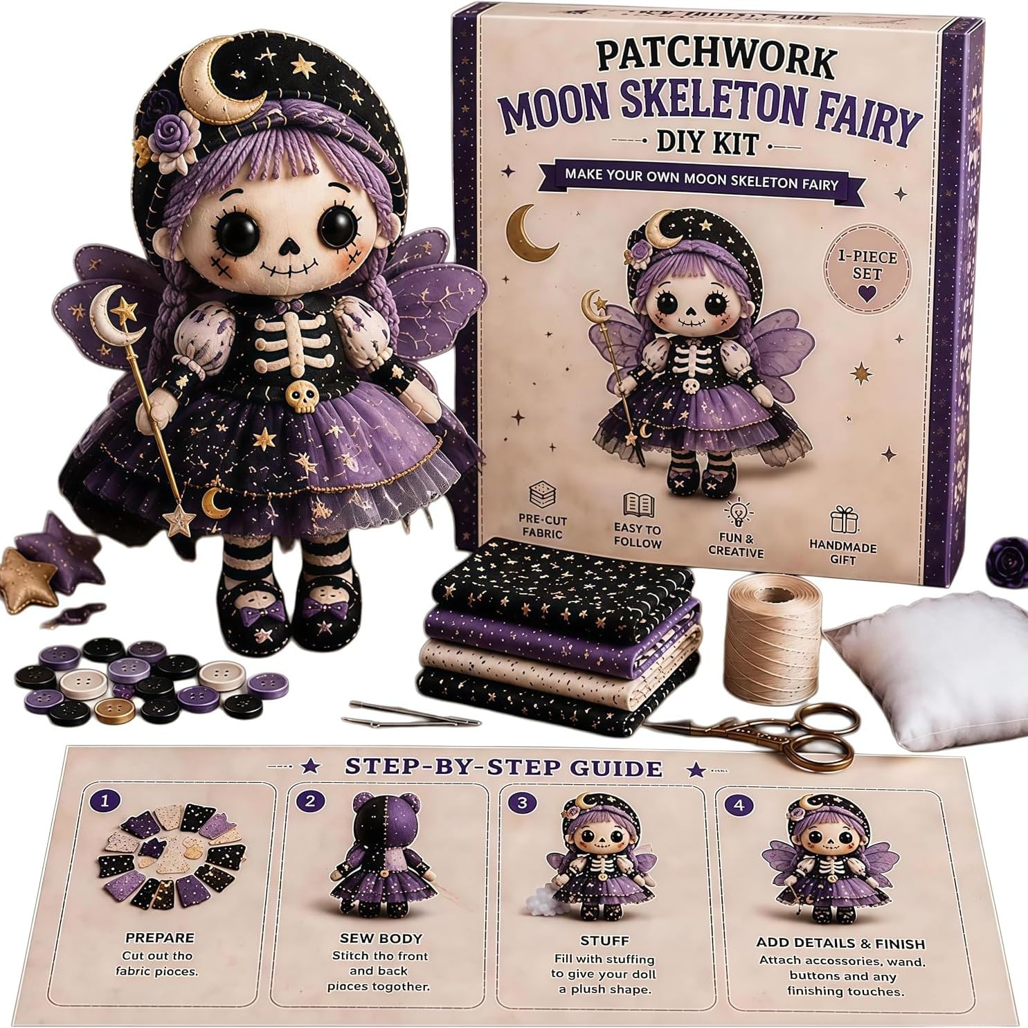 Kit creativo bruja esqueleto en patchwork, muñeca gótica DIY para adultos