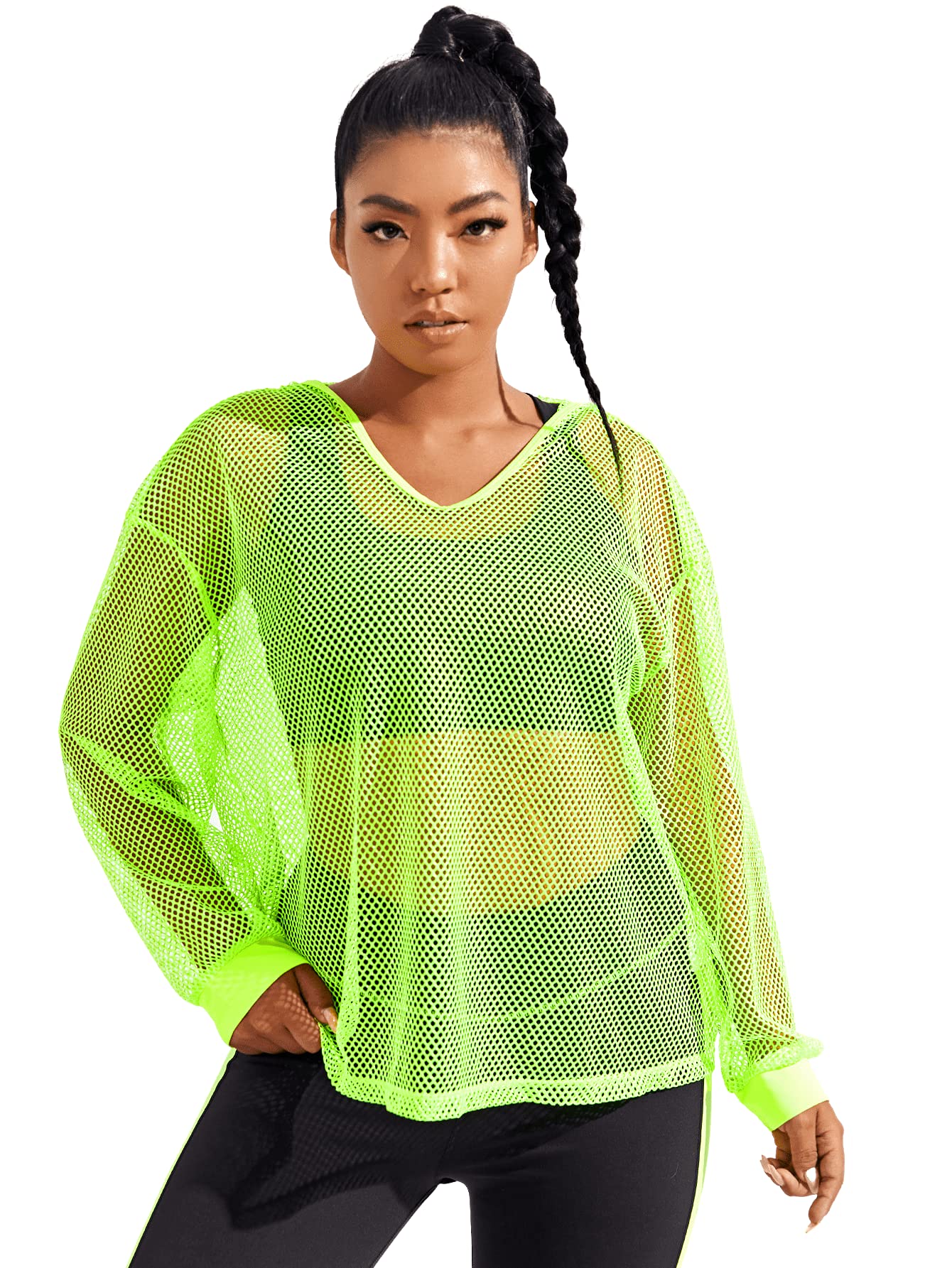 Romwe Women's Plus Size Fishnet Mesh See Through Long Sleeve Shirts Workout Fit Tops Hoodies Lime Green 3XL