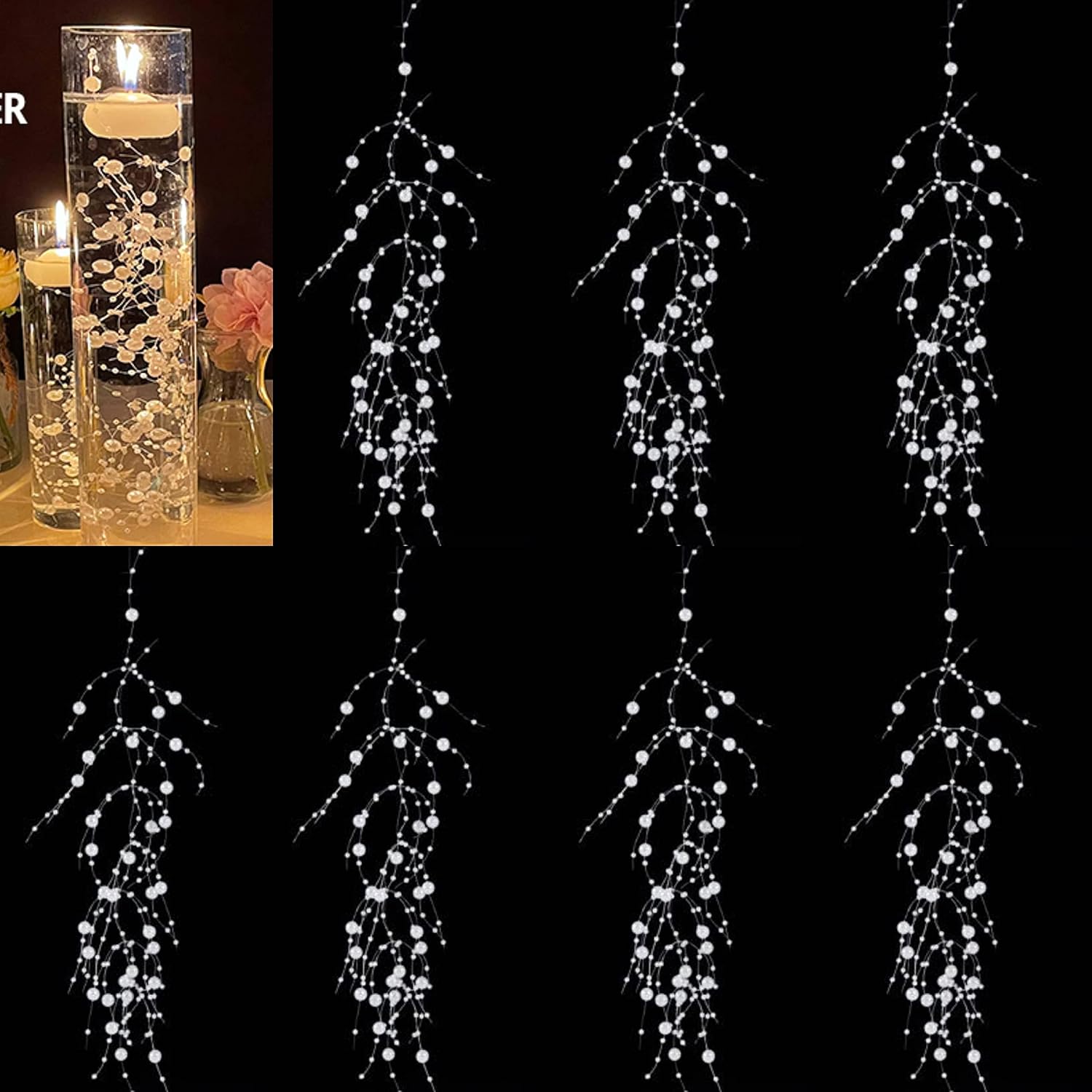 TeaSu 24Pcs Pearl String for Floating Candle Centerpieces, Pearl Vase Filler Decor for Wedding Centerpieces (White)