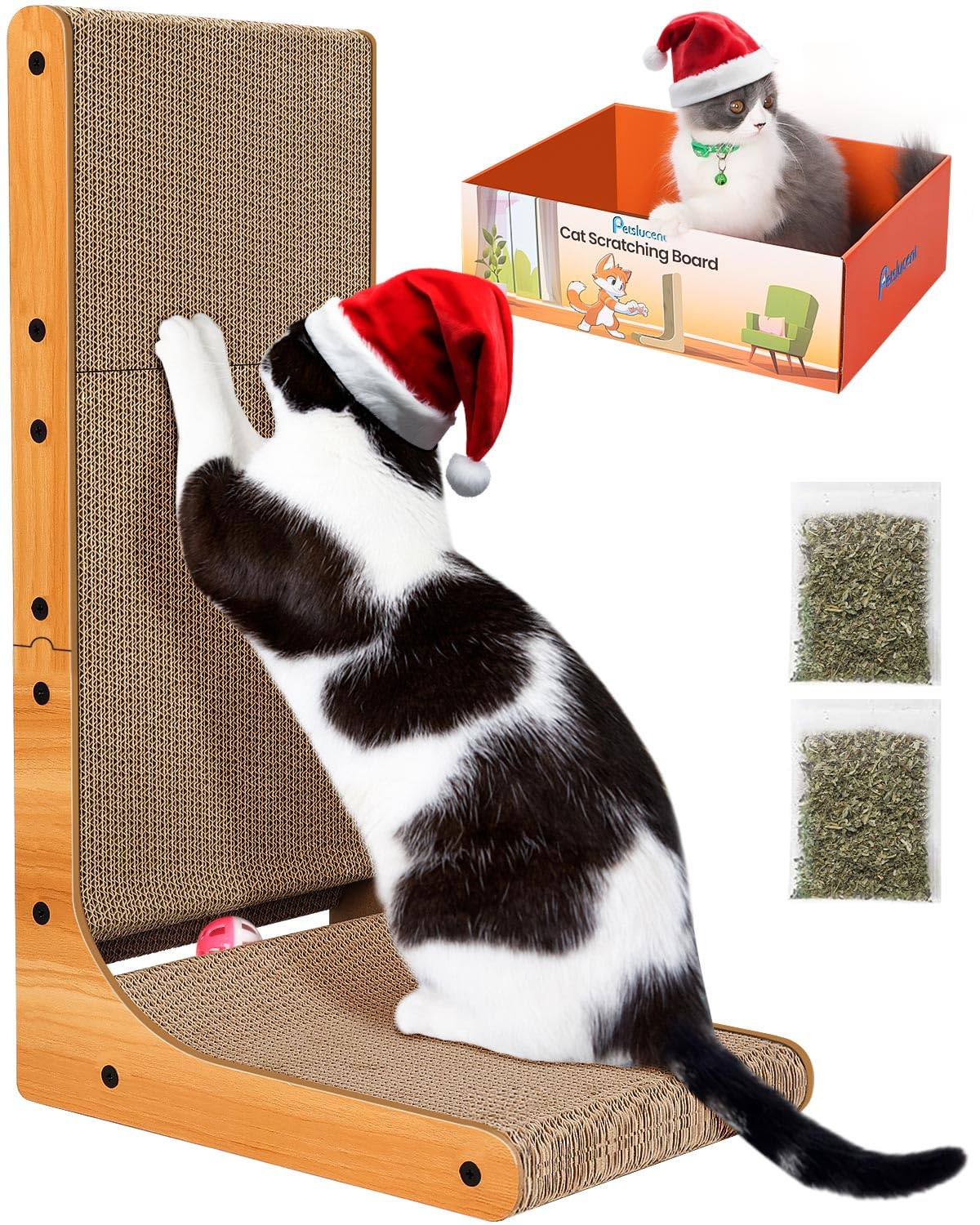 Petslucent Cat Scratcher, 26.8 Inch L Shape Cat Scratching board with Box, Cats Scratching Cardboard with Ball Toy for Indoor Cats, Large Size