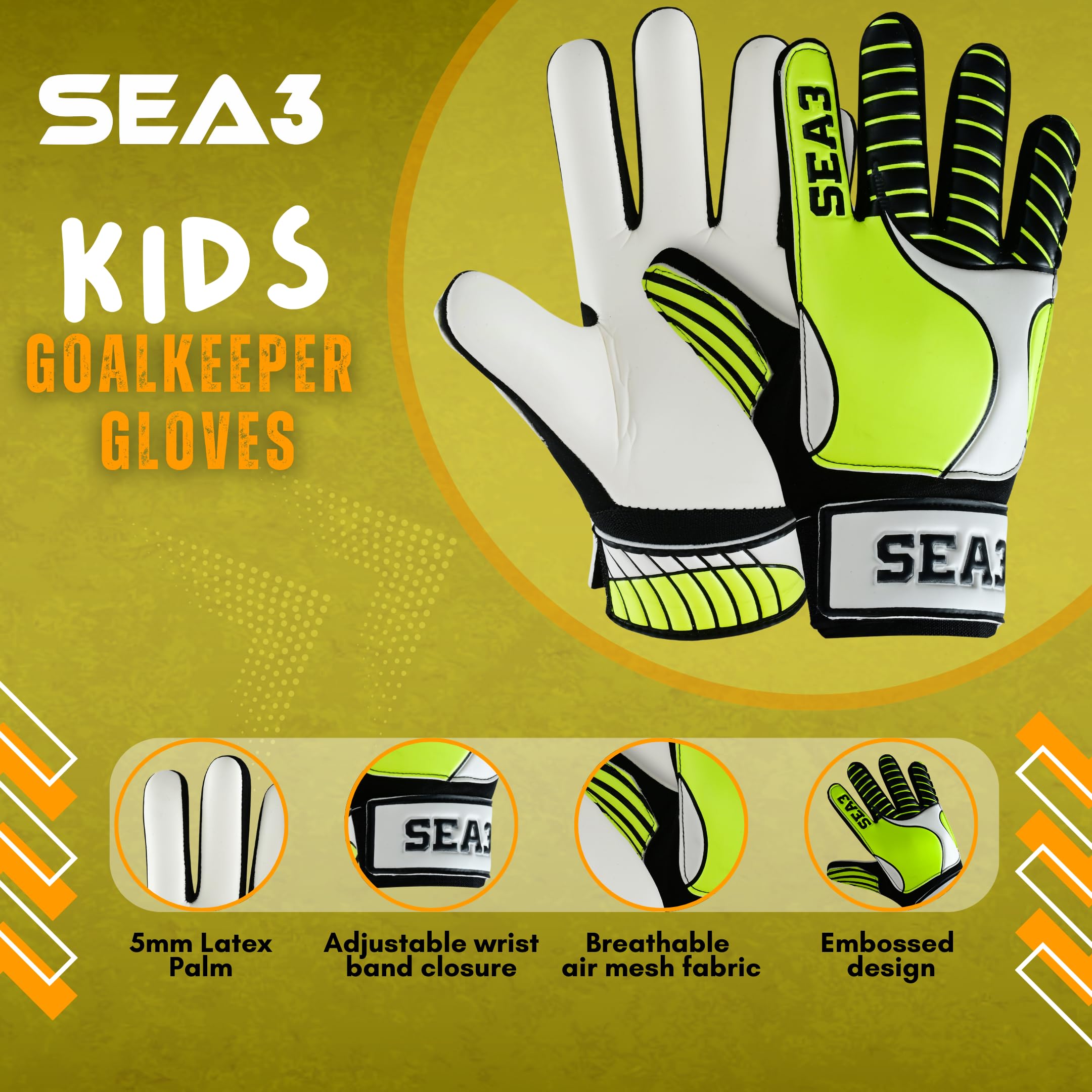 SEA3 Unisex Kids Boys Children's Junior Football Goalkeeper Sports Soccer Training Goalie Gloves, Yellow - Size 2: Age 4 to 5 Years - Image 2
