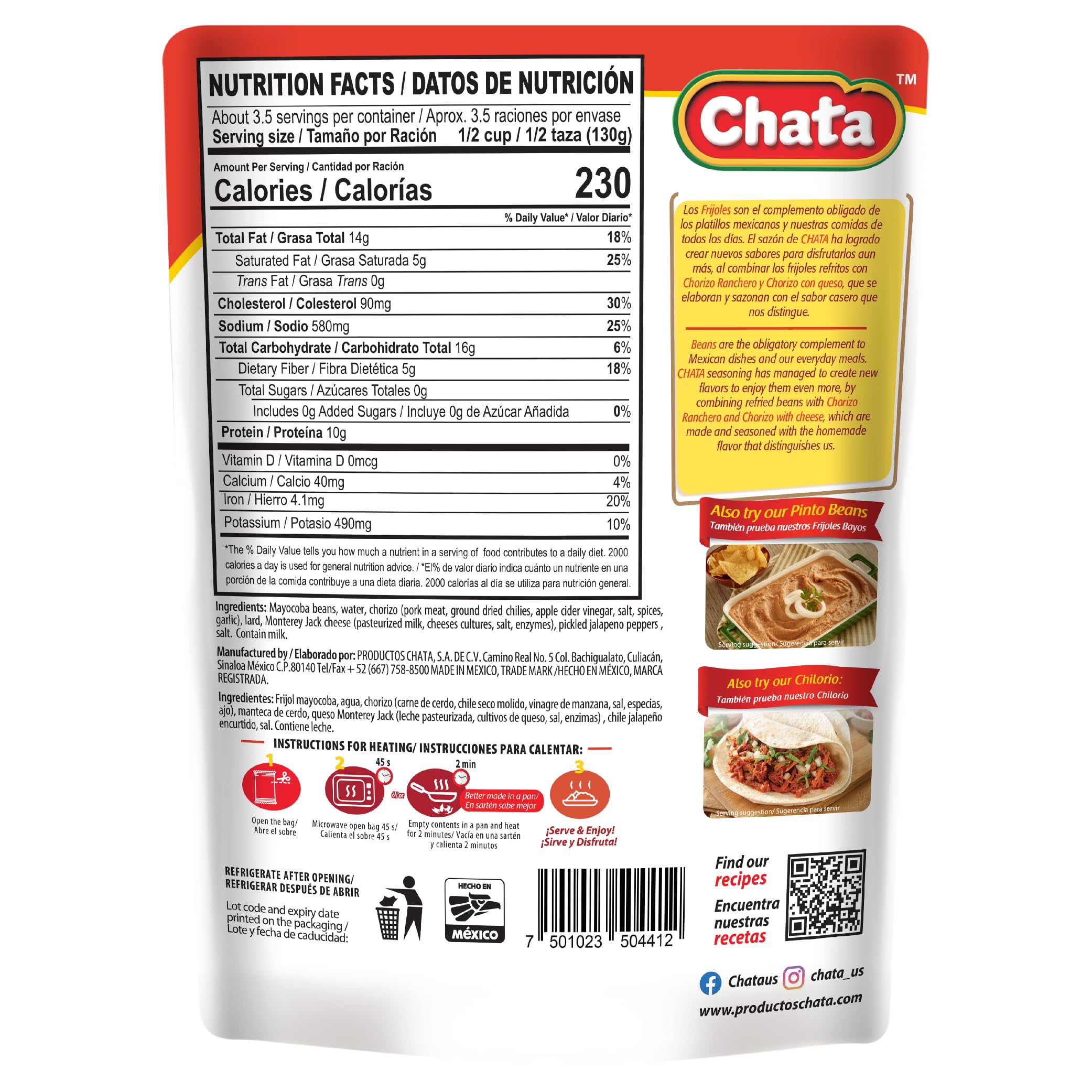 Chata Mexican Refried Beans with Chorizo and Cheese, 15.2 oz (Pack of 3)