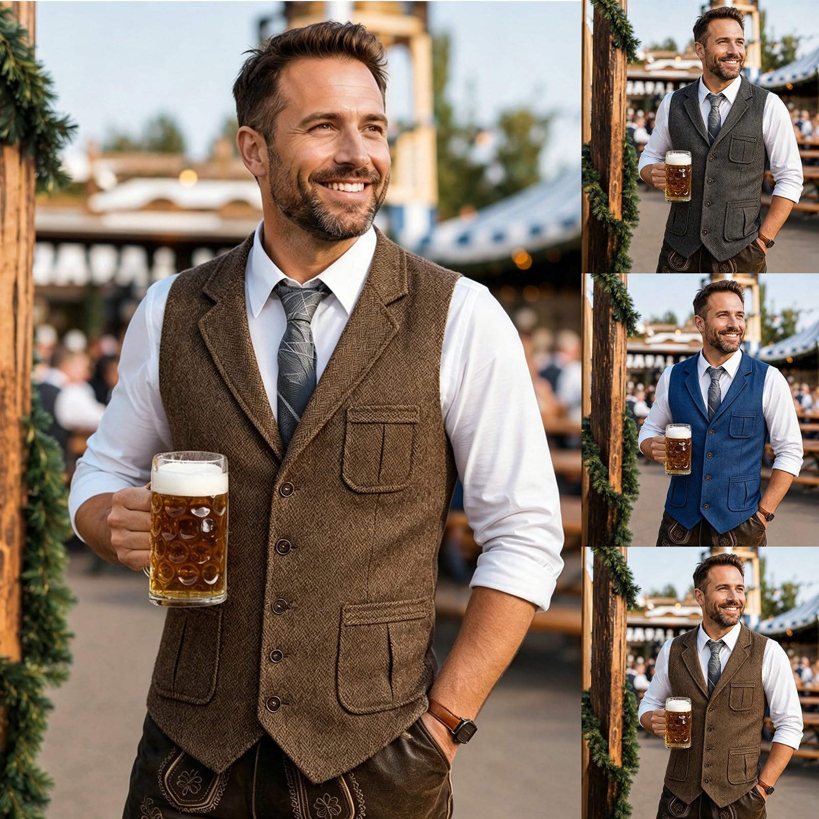 Gilet in tweed da uomo, stile tradizionale, vintage, autunno, classico, con scollo a V, senza maniche, trapuntato, tinta unita, slim fit