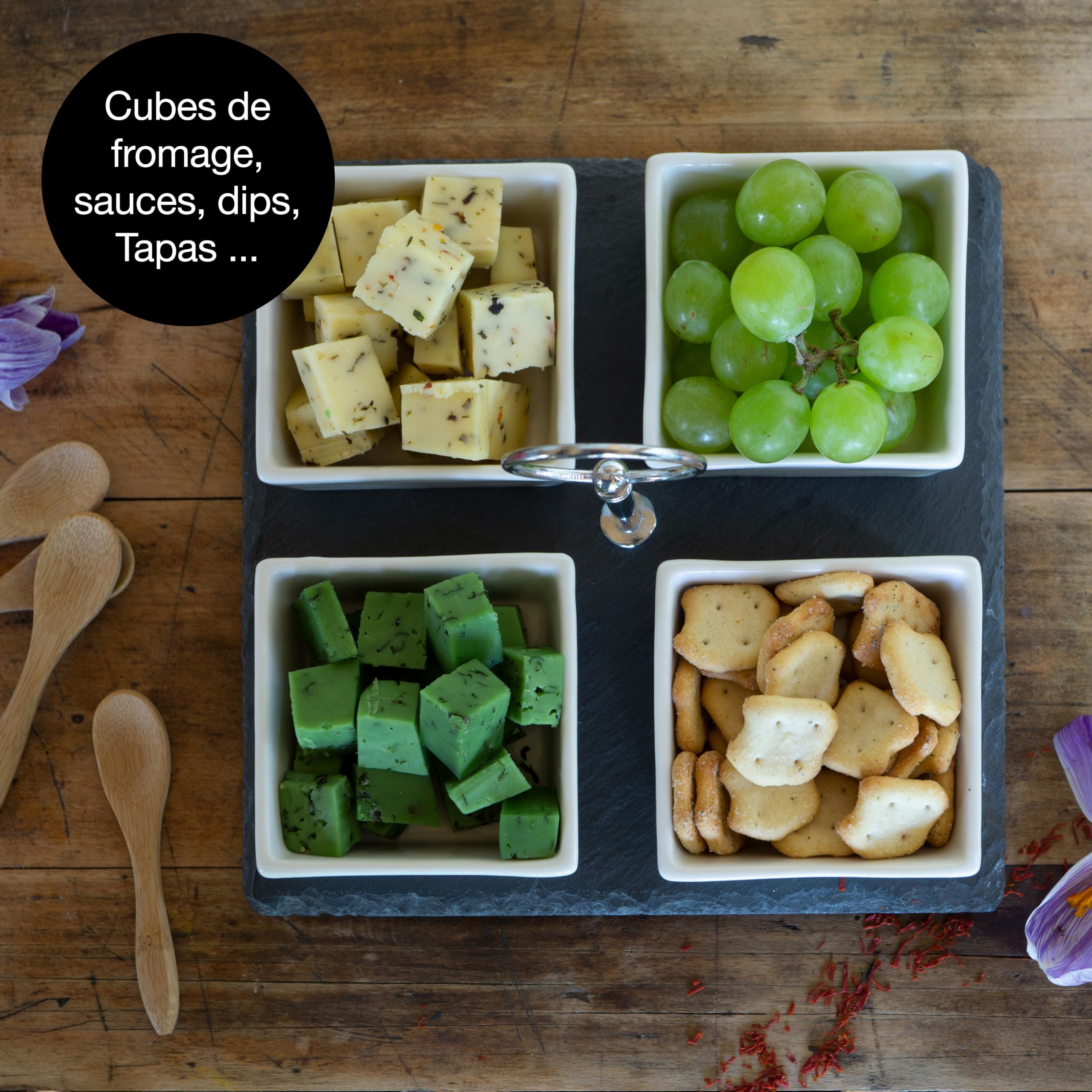 Moritz & Moritz Plateau Aperitif - 3 Coupelle Aperitif en Ardoise et Céramique - pour Les Dips Snacks Entrées Desserts Moritz & Moritz Plateau Aperitif - 3 Coupelle Aperitif en Ardoise et Céramique - pour Les Dips Snacks Entrées Desserts
