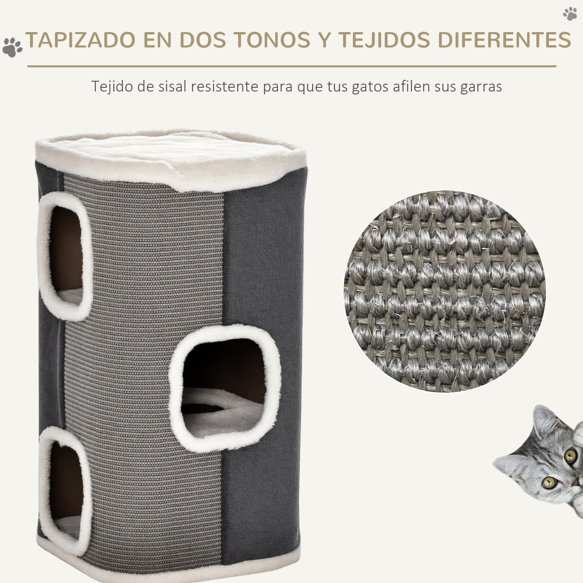 PawHut Barril Rascador para Gatos 74 cm de Altura Tonel de Escalada con 3 Cuevas de Sisal y Felpa Plataforma de Lana 40x40x74 cm Gris | de Sisal, Felpa Suave, Plataforma de Vellón