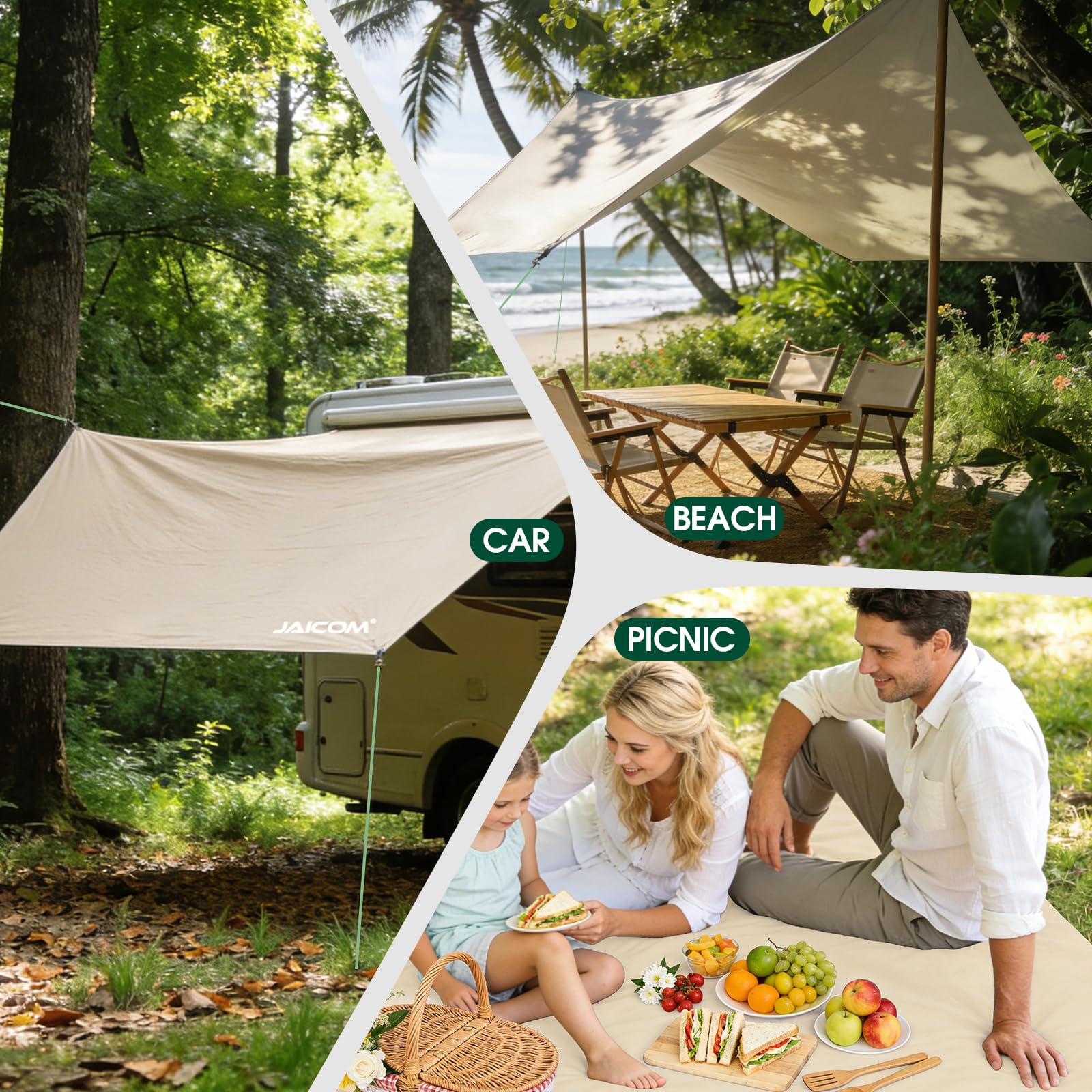 JAICOM Tarp Wasserdicht, 3.6x2.9m Ultraleicht Camping Zeltplane, Anti-UV Sonnen Regen Schutz Schnee, Sonnensegel mit Öse, Nylonseile, Aluminiumstifte, Zelt Clips, für Hängematte Picknick Wandern