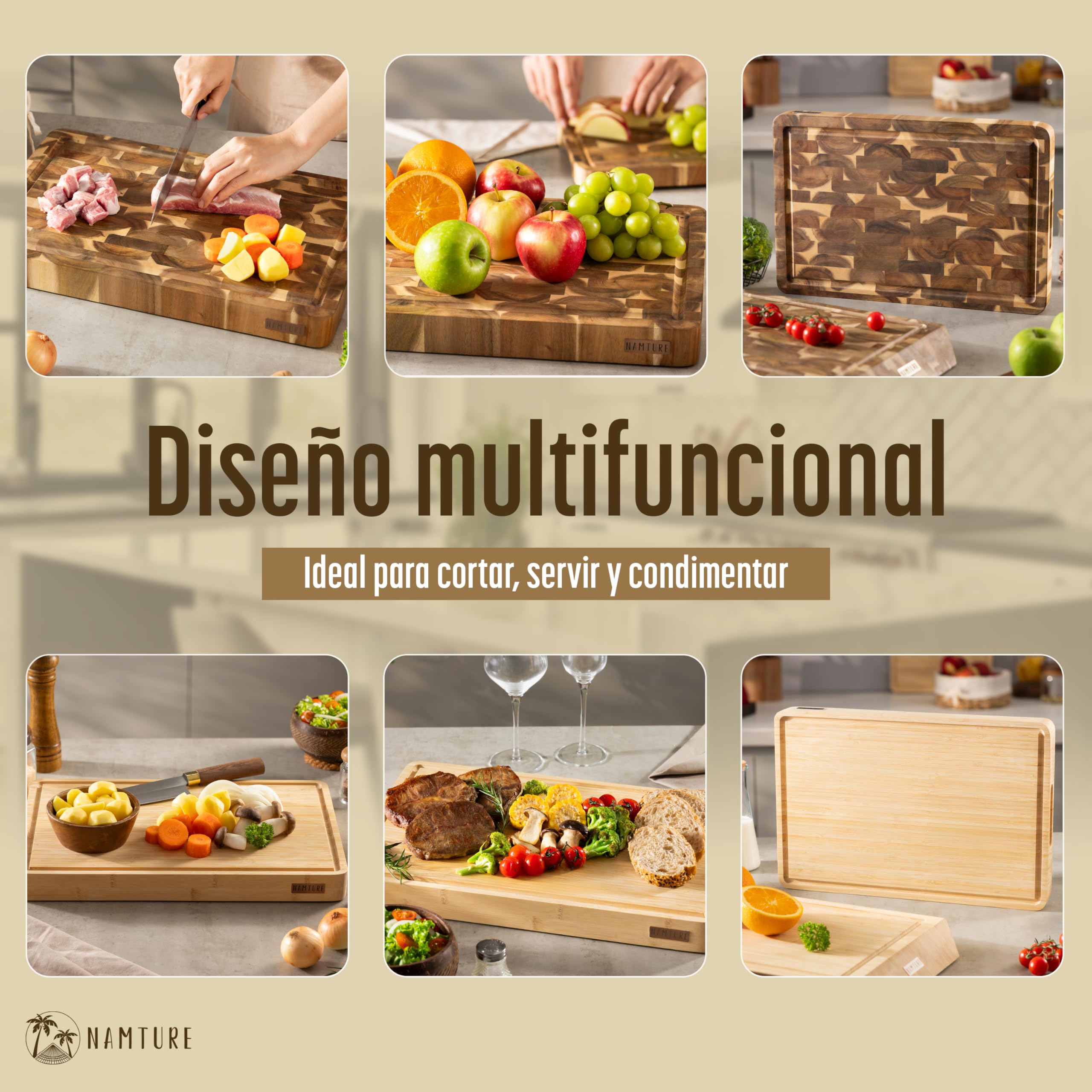 Tabla de Cortar de Madera de Acacia 45x30 cm – Extra Gruesa 4 cm, fibra de testa, acabado con aceite premium, ranura para jugos, asas laterales, pies antideslizantes – caja regalo