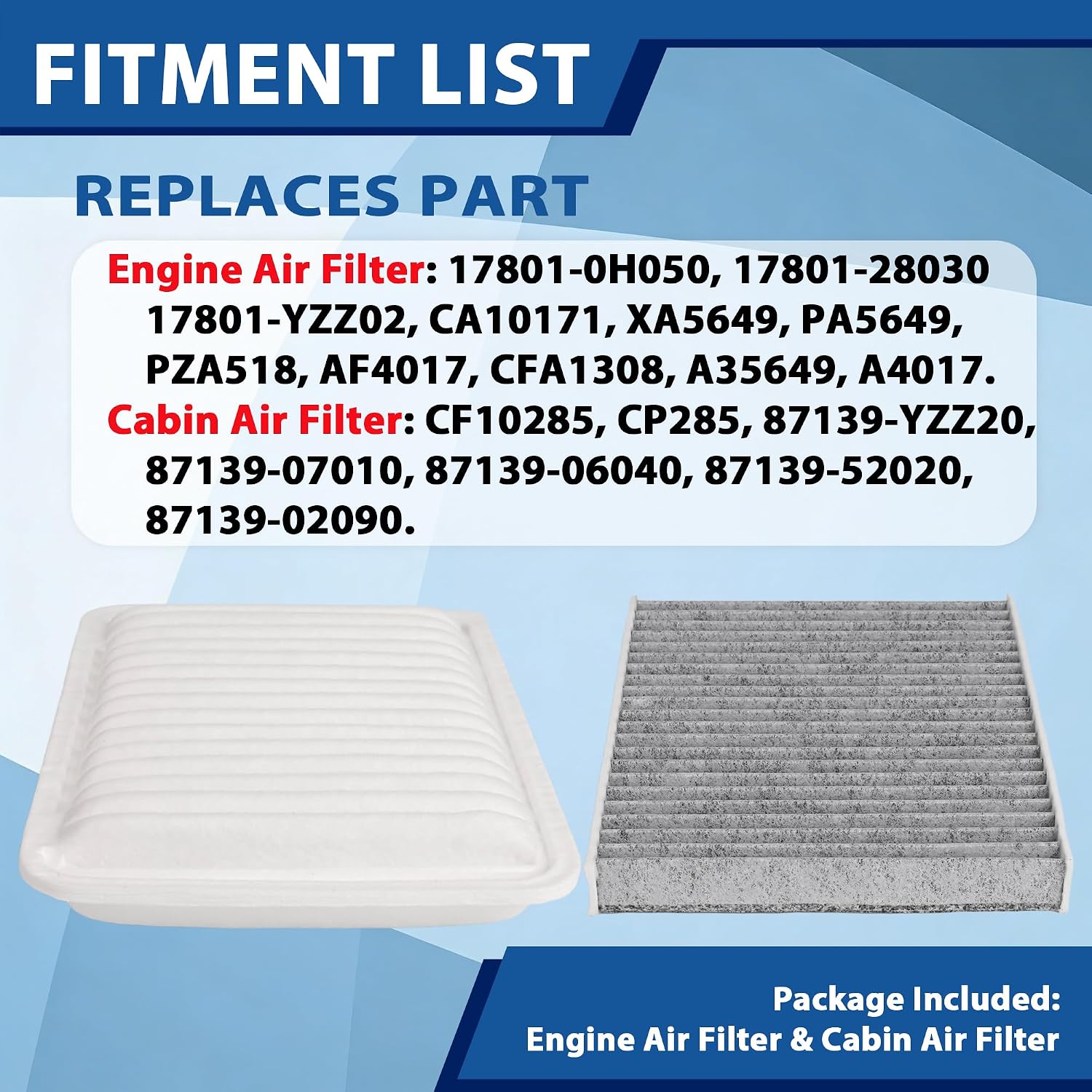 Engine Air Filter CA10171 and Cabin Air Filter CF10285 Kit Compatible with 2007-2017 Toyota Camry 2009-2016 Venza L4 17801-0H050 17801-28030 CP285 (Will Not Fit Hybrid Models)