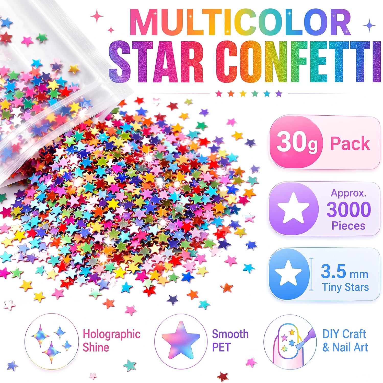 3000pcs 30g Star Confetti, 3.5mm Multicolor Glitter Star Sequins for Crafts