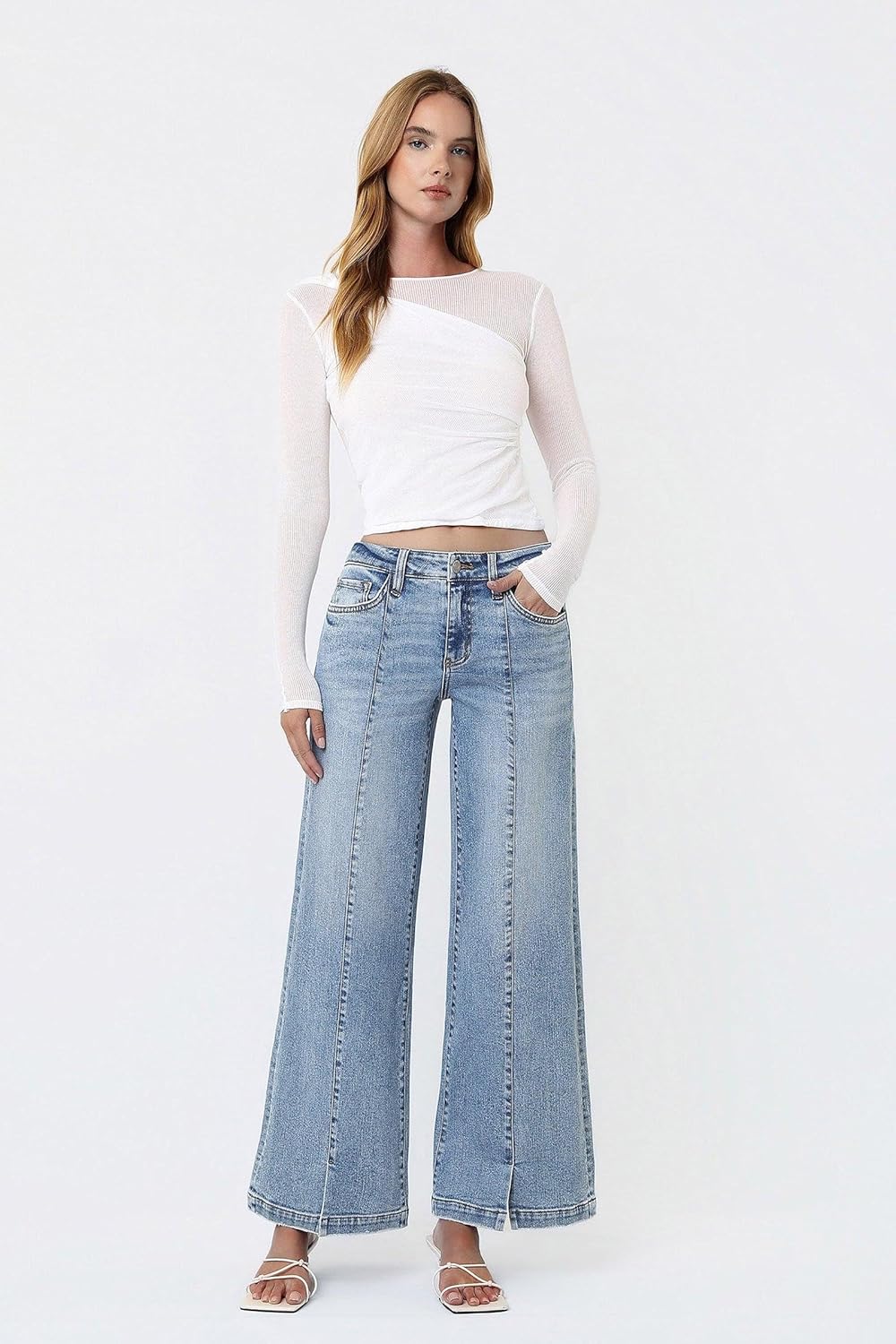 Vervet - Mid-Rise Wide Leg Jeans with Vertical Seam & Front Slit (30" Inseam)- T7225 - Includes Official Tag