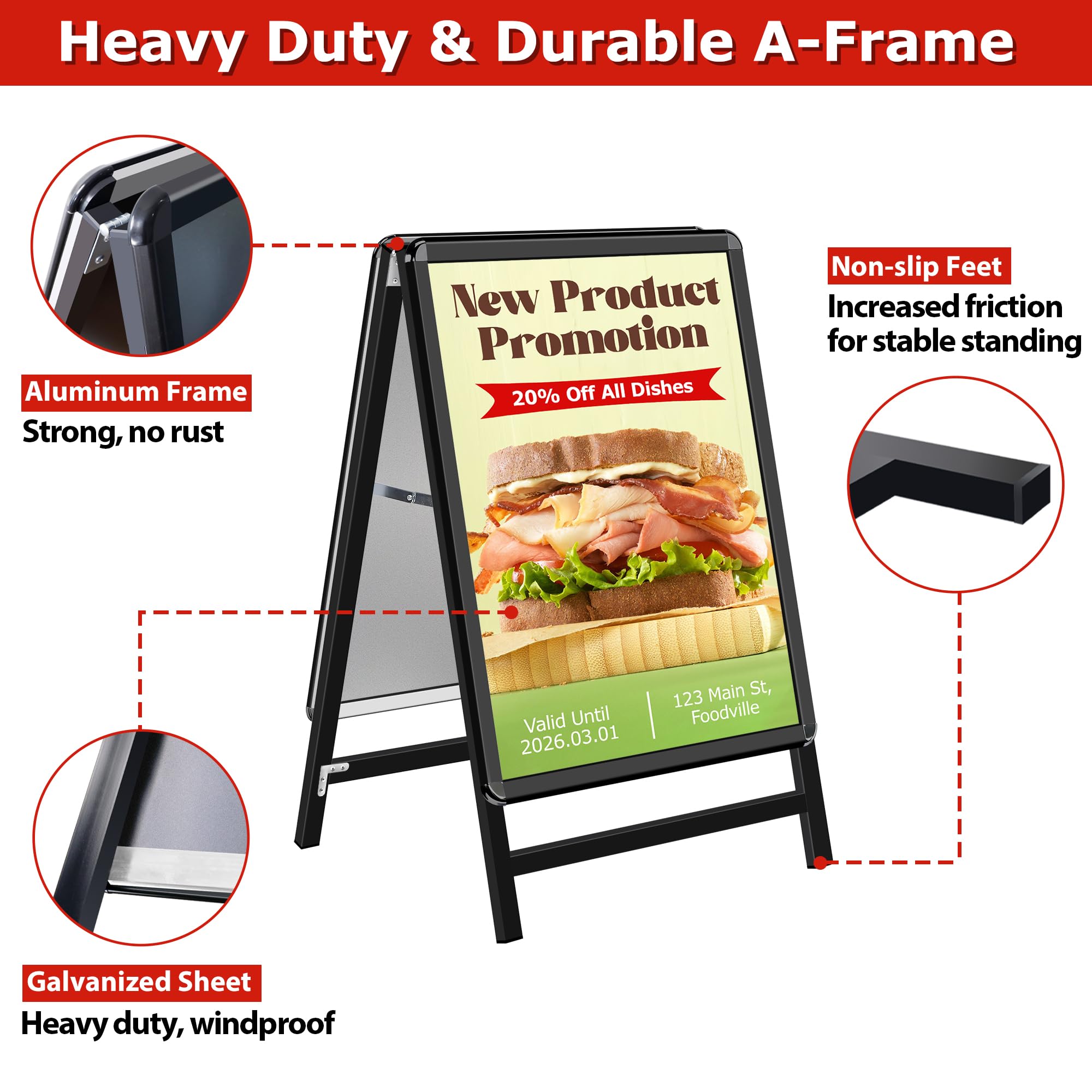 Pavimentazione Cartello Cornice A2 in Alluminio - Cavalletto Pubblicitario Doppia Faccia per Menu Ristorante/Offerte Promozionali/Negozi, Supporto Poster da Parete o Pavimento, Nero