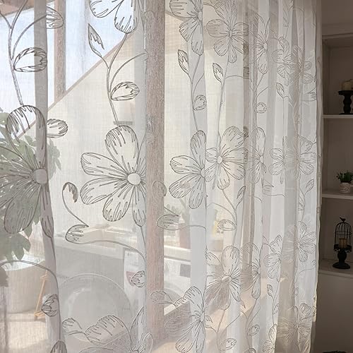 Miniatura 3 de SLOW SOUL Juego de 2 paneles de cortinas traslúcidas de lino sintético semitransparente con flores blancas para ventana, cortinas bordadas para