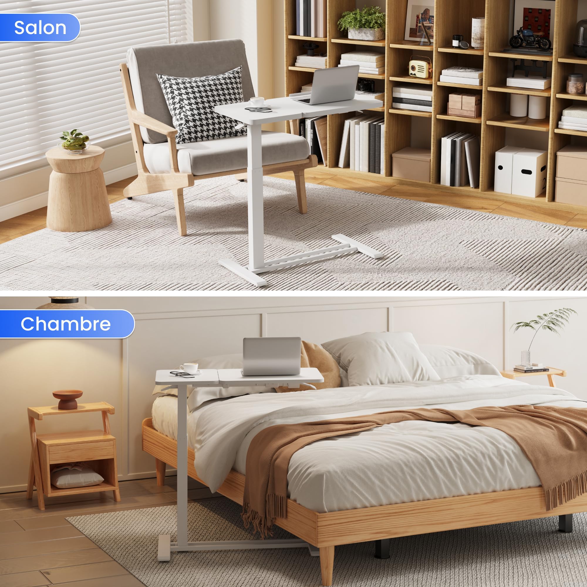 FLEXISPOT Mobilny stolik do łóżka z 4 ukrytymi kółkami – biurko z regulacją wysokości 65-105 cm, blat 80 x 40 cm, obciążenie 70 kg, stolik boczny do laptopa, sypialni, salonu lub sofy (biały)
