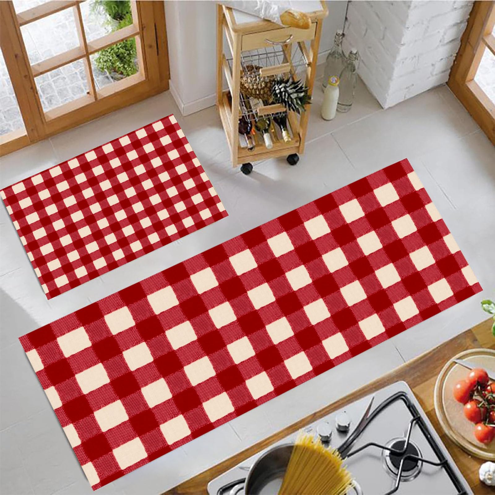 Alfombra de cocina lavable 2 piezas juego antideslizante rojo intenso de estilo campestre 50x150cm