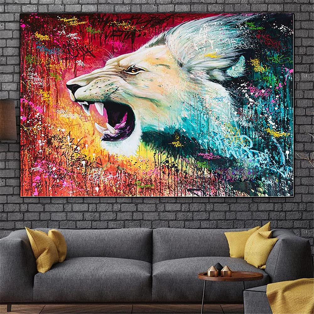 Broderie diamant lion blanc grand format pour décorer votre salon avec un tableau DIY 5D