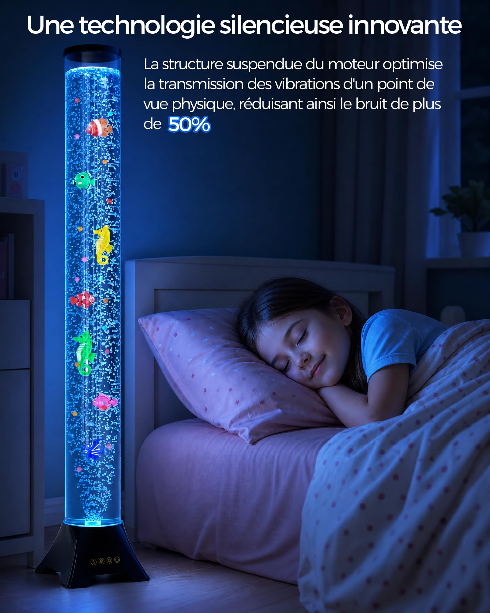 Radikor Colonne d'eau LED avec poissons, lampe Bubble Fish avec 2 pompes à air et 50 % de bruit en moins, 17 couleurs, télécommande de 10 m, lampe à bulles pour apaiser l'autisme/le TDAH, décoration