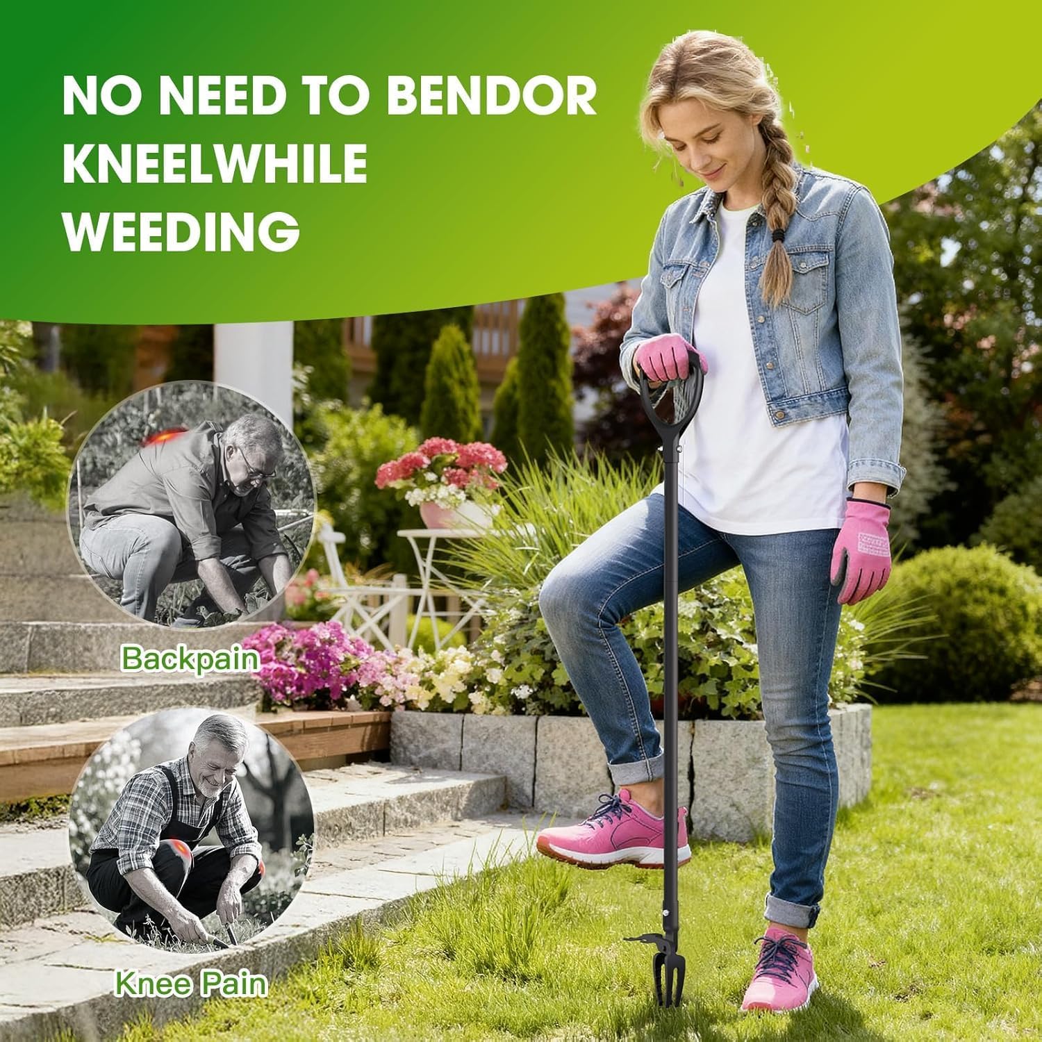 Weed Puller Tool, 2-in-1 Stand Up Weeder with 4-Claw Head & Rake, No Tools Required Assembly, Gets Rid of Weeds & Roots Permanently for a Pristine Lawn