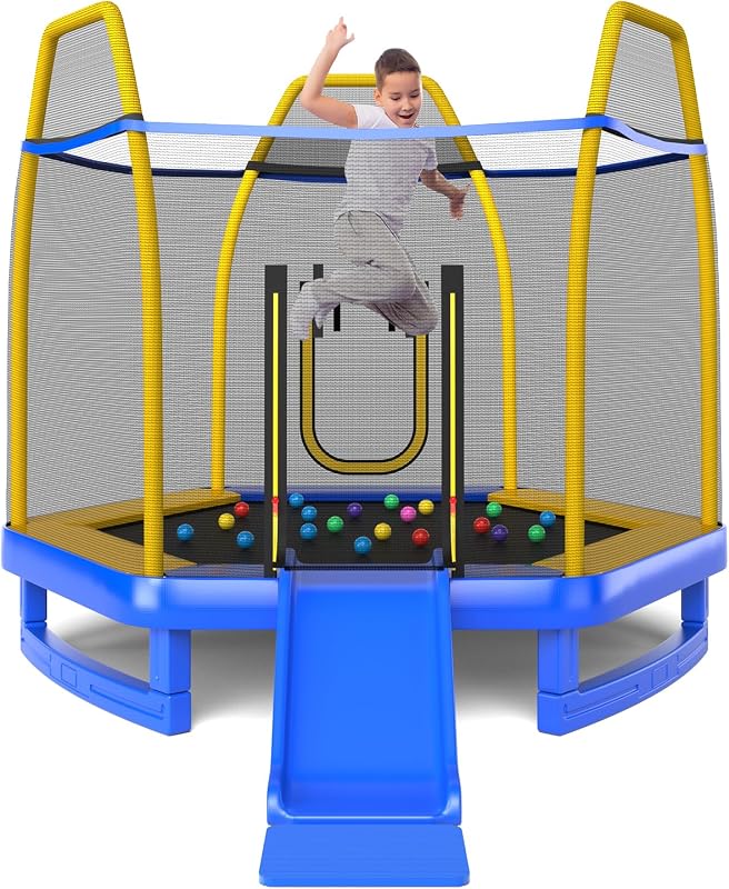 Trampolín para niños, trampolín de 7 pies aprobado por ASTM con tobogán, escalera, bolas y tapetes oceánicos, trampolín recreativo pequeño para interiores y exteriores con red de cierre, trampolín para patio trasero