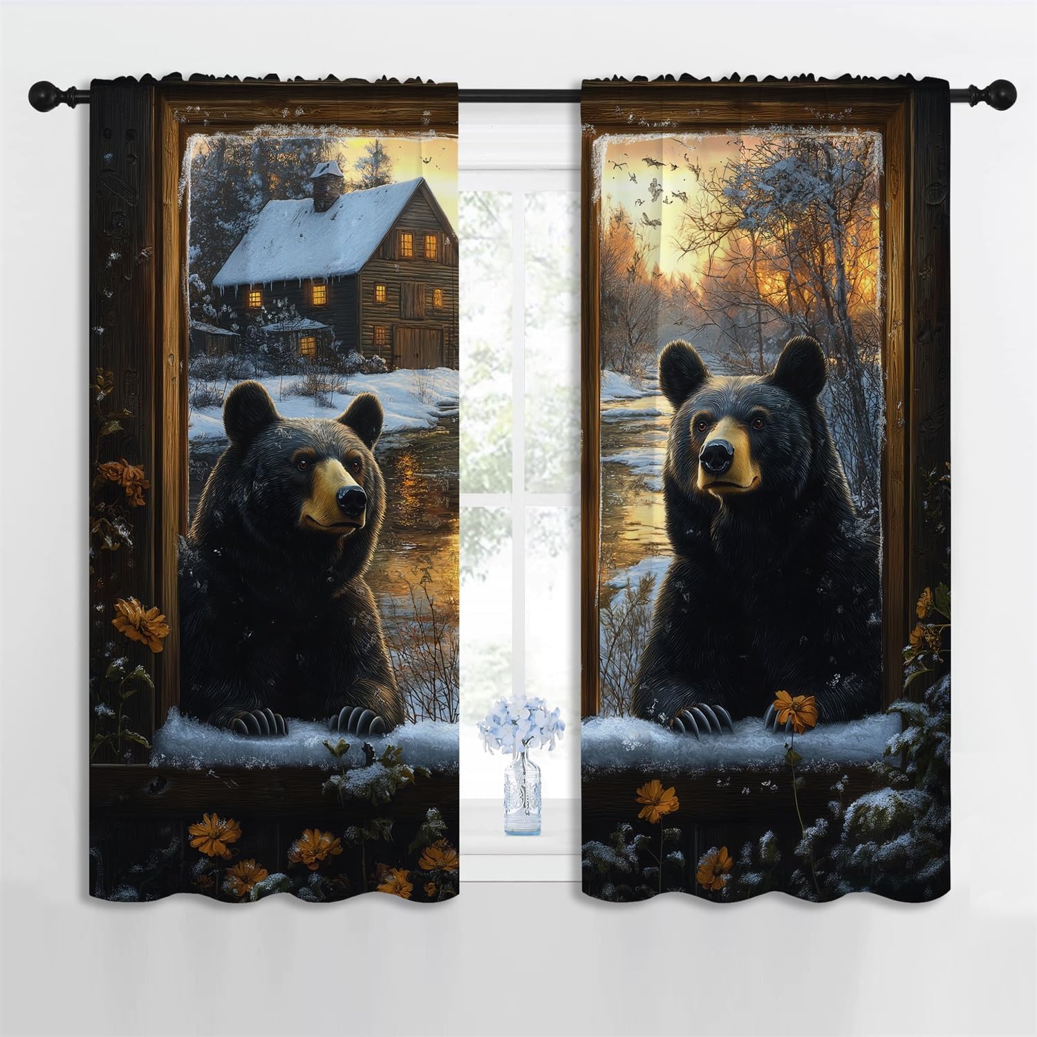 Black Bear Boy Girls Blackout Curtains,Country Farmhouse Cabin Winter Coniferous Forest Wildlife Woodland, 2 Panel Rod Pocket Thermal Insulated Drapes for, Living, Kids Teen Room Deco 42x45 inch