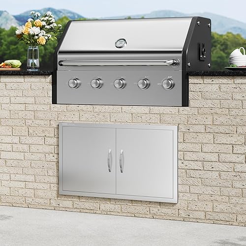 Miniatura 8 de VEVOR Puerta de acceso para barbacoa, 36 pulgadas de ancho x 21 pulgadas de alto, puerta de cocina doble para exteriores, puerta de acero inoxidable