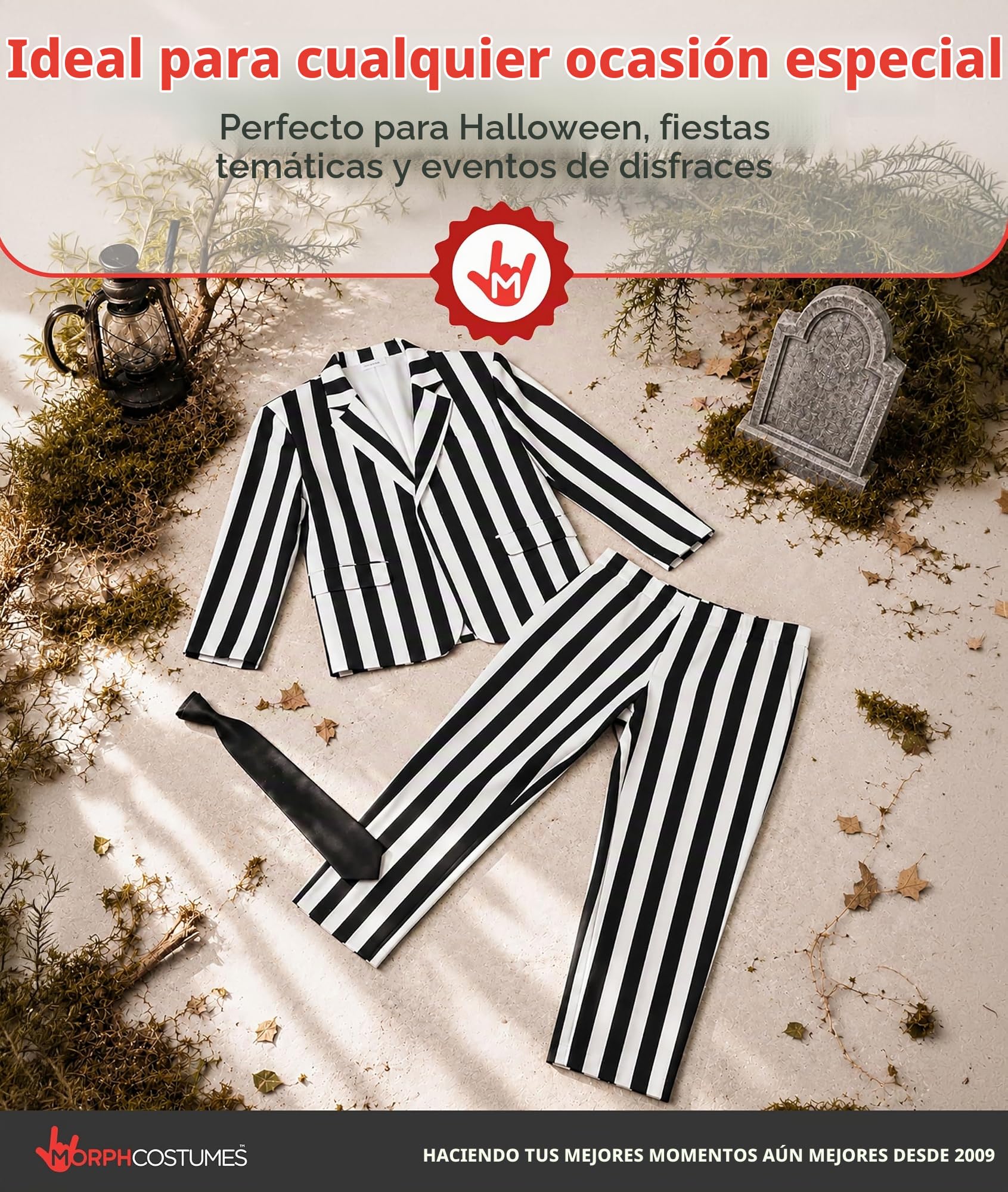 Fun Shack Disfraz Fantasma Hombre, Disfraz a Rayas Halloween Hombre | Chaqueta a Rayas, Pantalón Negro & Corbata, Estilo Monocromático, Perfecto para Halloween, Ideal para Disfrazarse