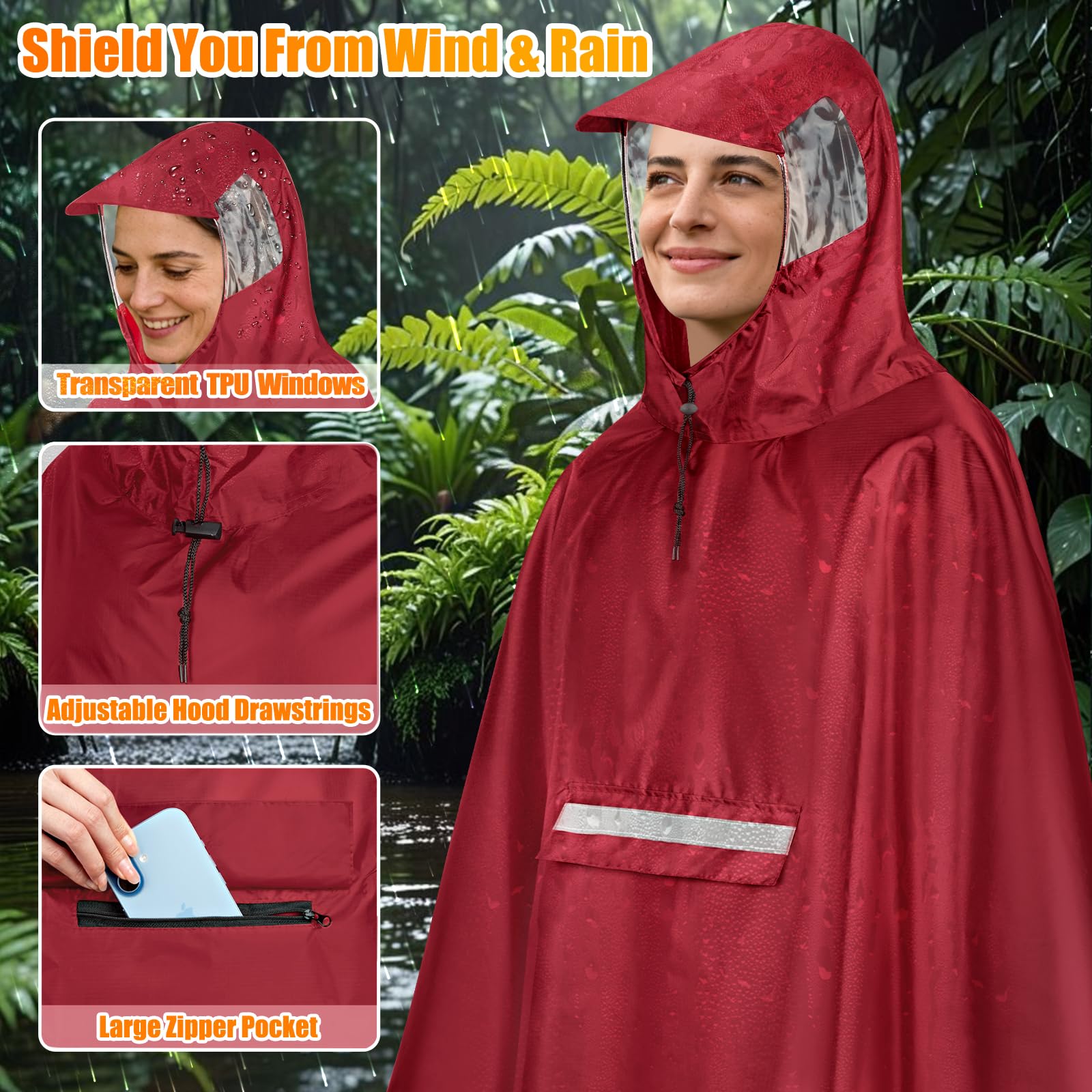 Regenponcho Fahrrad, Wasserdicht Regencape Herren Damen Regenponcho Fahrrad Regenbekleidung Mit Reflektoren Und Sichtfenster Leichte Fahrradponcho Für Nachtfahrten & Outdoor