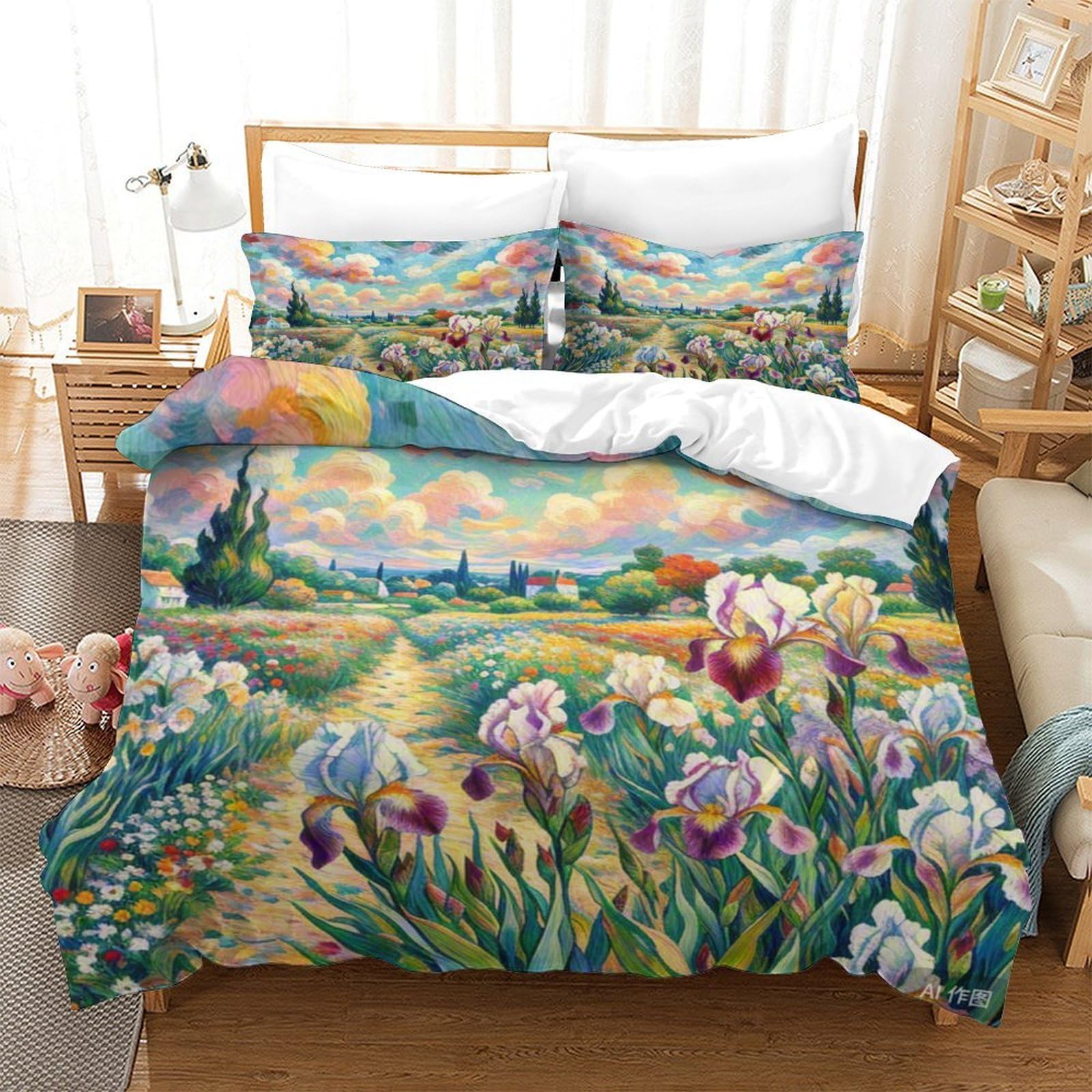 Housse de couette iris 3D anti-plis en microfibre douce 140x200cm avec fermeture invisible