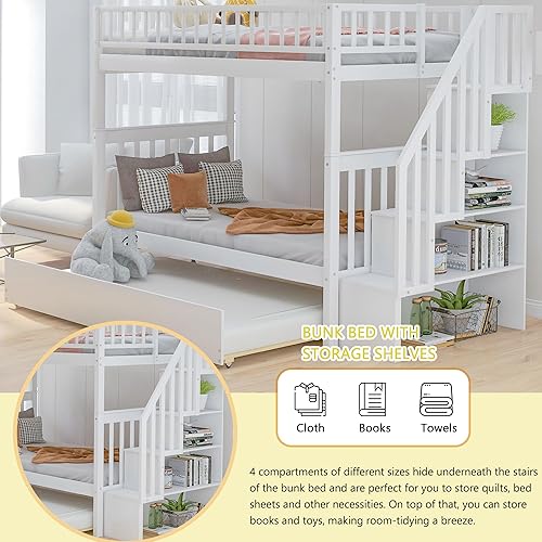 Miniatura 24 de Merax Litera de escalera individual sobre matrimonial con nido, escalera de almacenamiento y barandilla de longitud completa, litera de