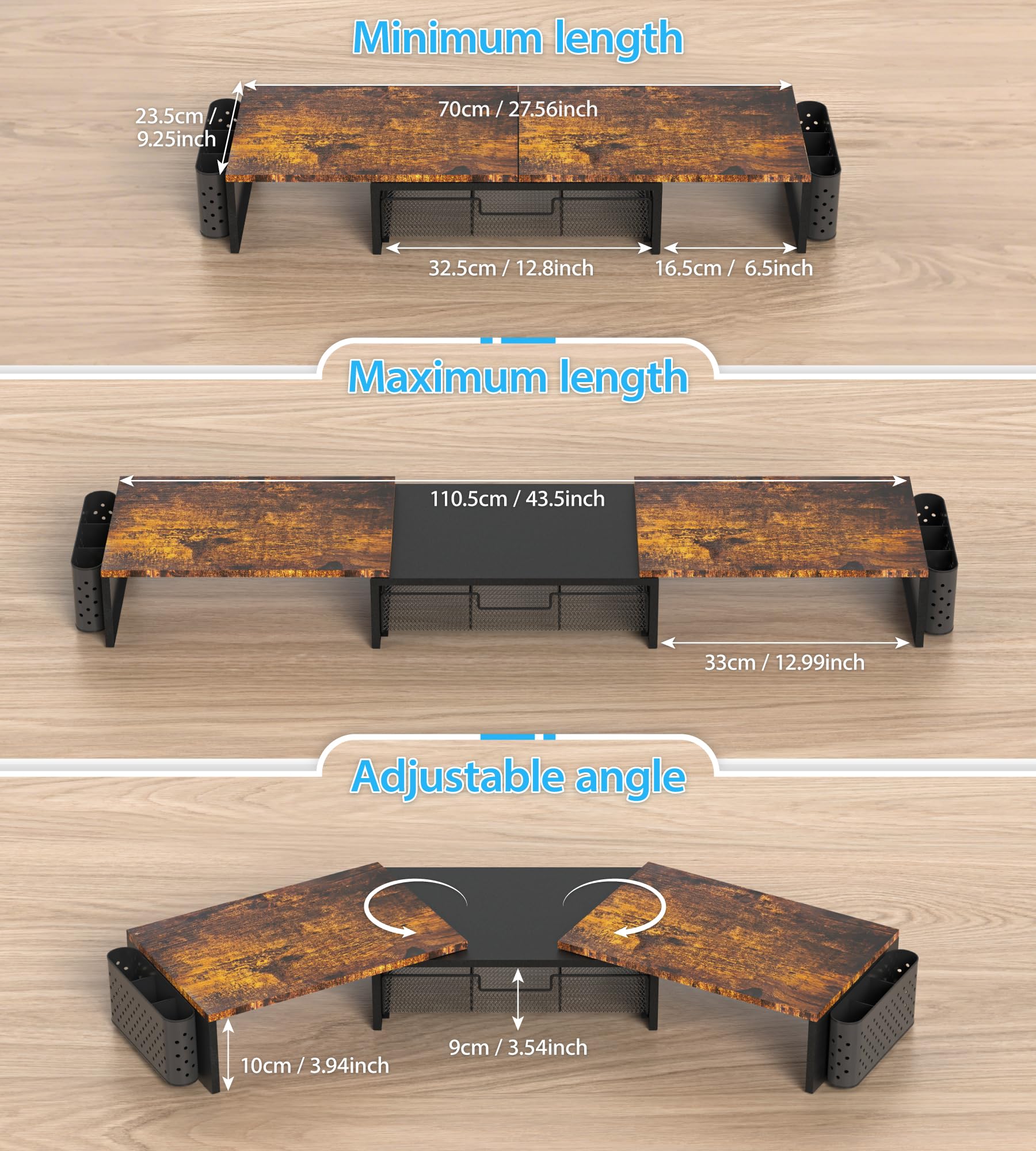 MOWETOO Support de Double Moniteur Réglable en Bois avec Tiroir et Porte-Stylos, Rangement Multifonction pour PC Portable, Ordinateur de Bureau et Imprimante