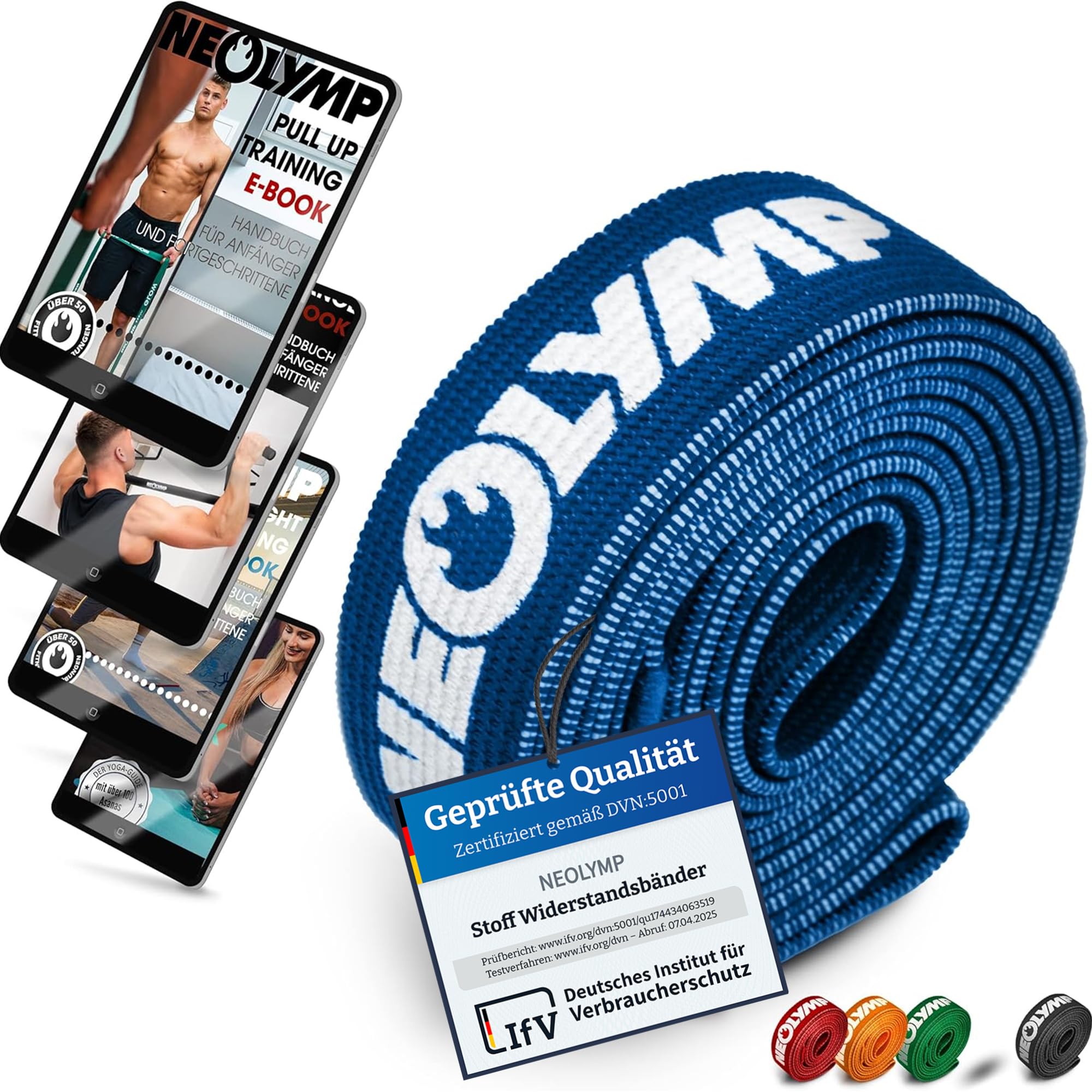 NEOLYMP Lange Fitnessbänder aus Naturfasern (blau) mit E-Book – waschbare Widerstands- und Klimmzugbänder