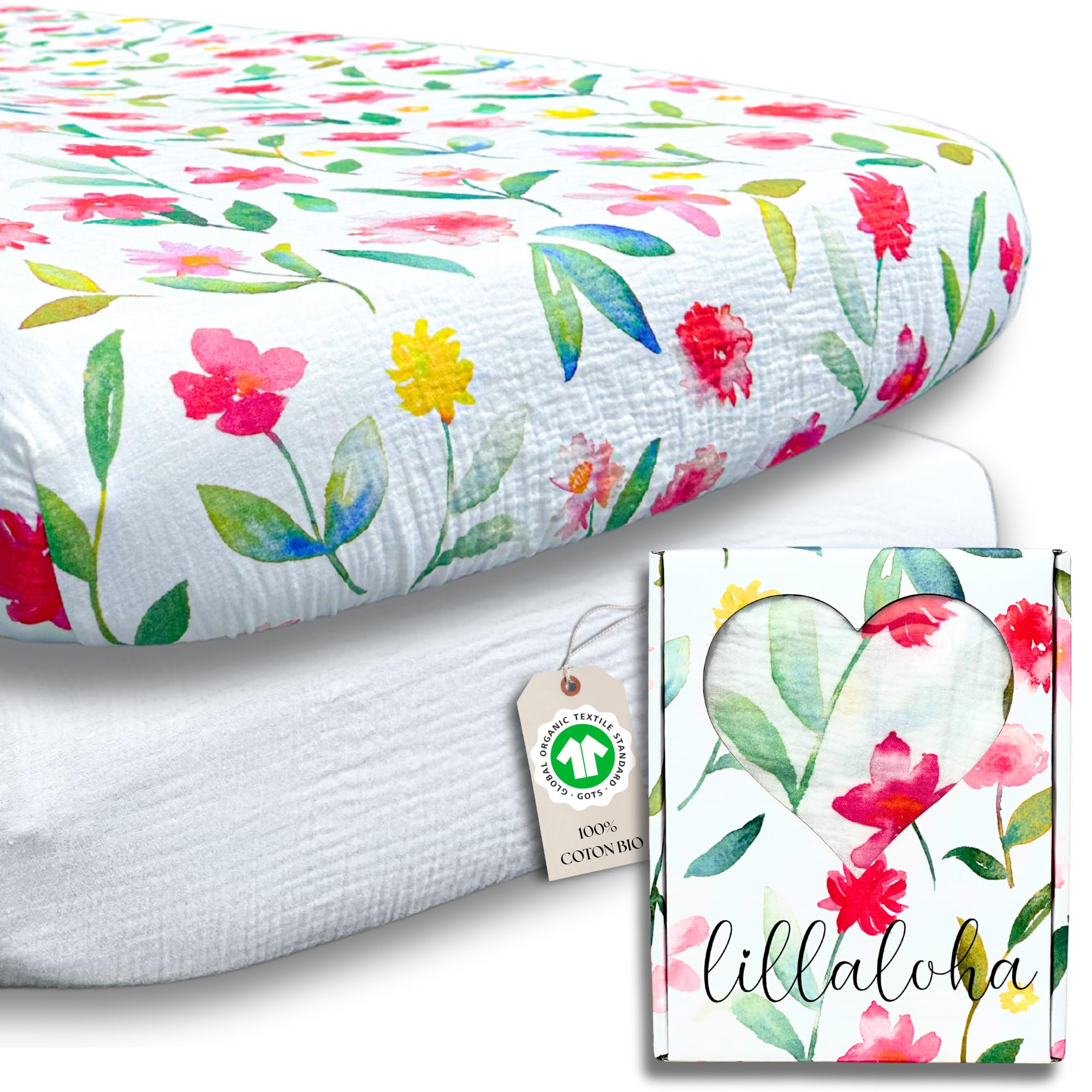 Lot 2 Draps Housse Bébé 60x120 cm – 100% Gaze de Coton Bio GOTS, Idéal Peaux Sensibles, Ultra Doux, Respirant – Lit Parapluie Enfant – Coffret Cadeau Naissance – Fleurs de Printemps, Fille