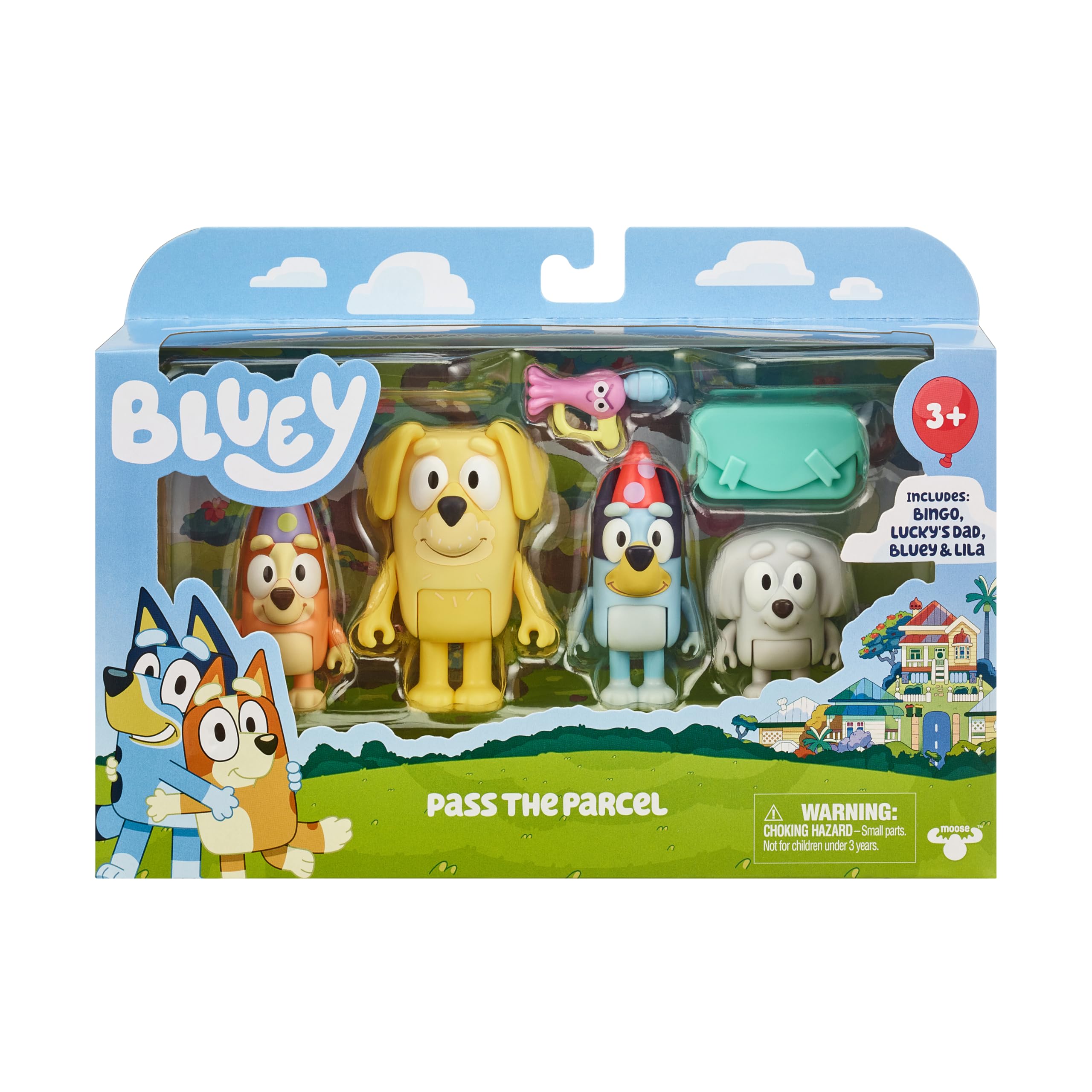 Bluey Pass The Parcel Figurine Toys Pack of 4, Character Toys with Bingo, Lucky’s Dad, and Lila Figures, Small Action Figures for Kids Ages 3+