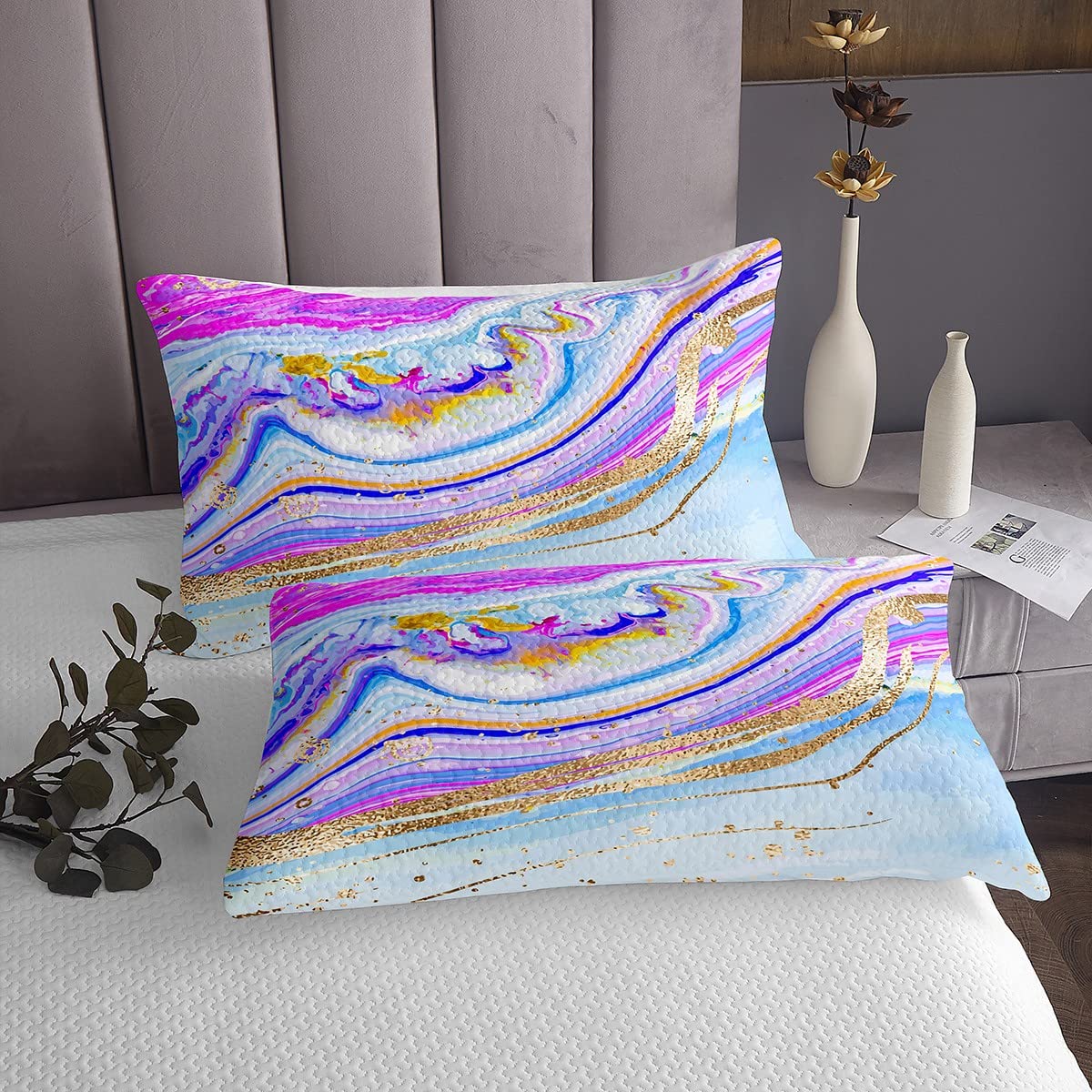 Akwarelowa, marmurowa narzuta 170 x 210 cm, tęczowa narzuta z nadrukiem Tie Dye, zestaw dla dzieci, dziewczynek, dekoracja sypialni, złote prążkowane, dekoracyjna mikrofibra, pikowana z 1