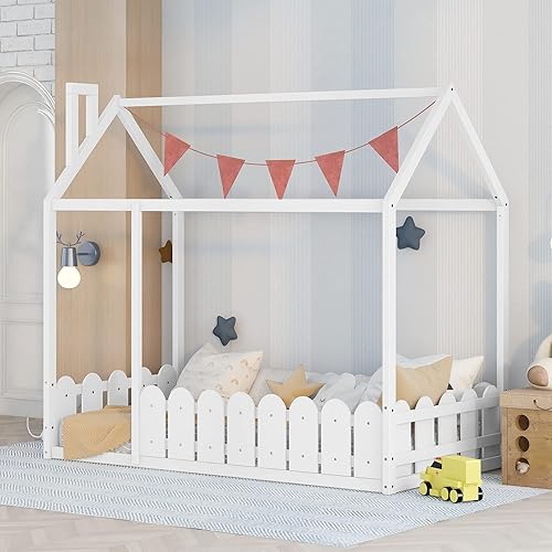 Harper & Bright Designs Twin House Bed Frame for Kids, Wood Twin Montessori Bed with Fence-Shaped Guardrails, Toddler Kids Floor Bed Frames for Girls, Boys,White