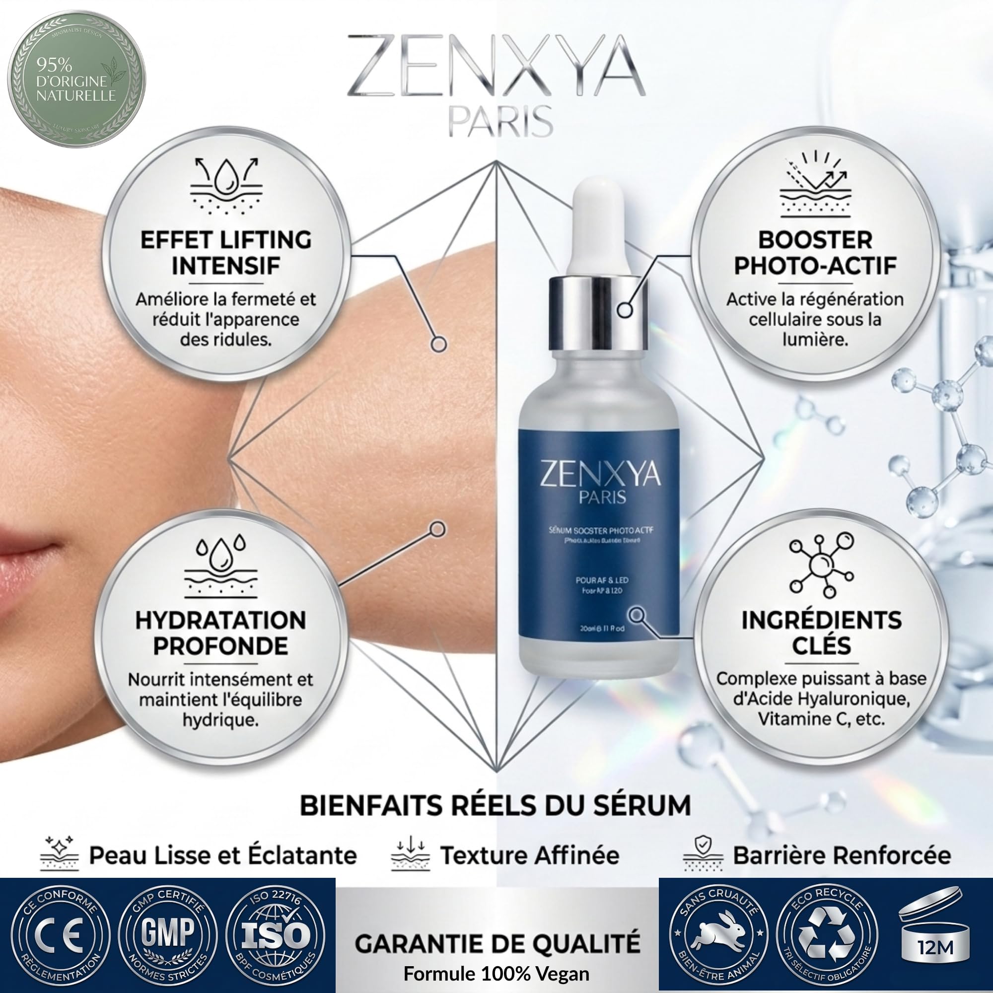 ZENXYA® PARIS – Sérum Booster Photo-Actif – Acide Hyaluronique Pur – Soin Universel Hommes & Femmes – Optimisé pour Radiofréquence (RF) & Appareils de soin LED – Anti-Âge Haute Performance – 30ml