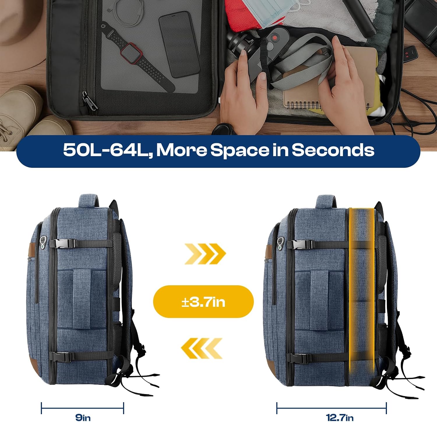 Expandable 50L-64L Travel Backpack for 17.3 Inch Laptop Durable Blue image 5